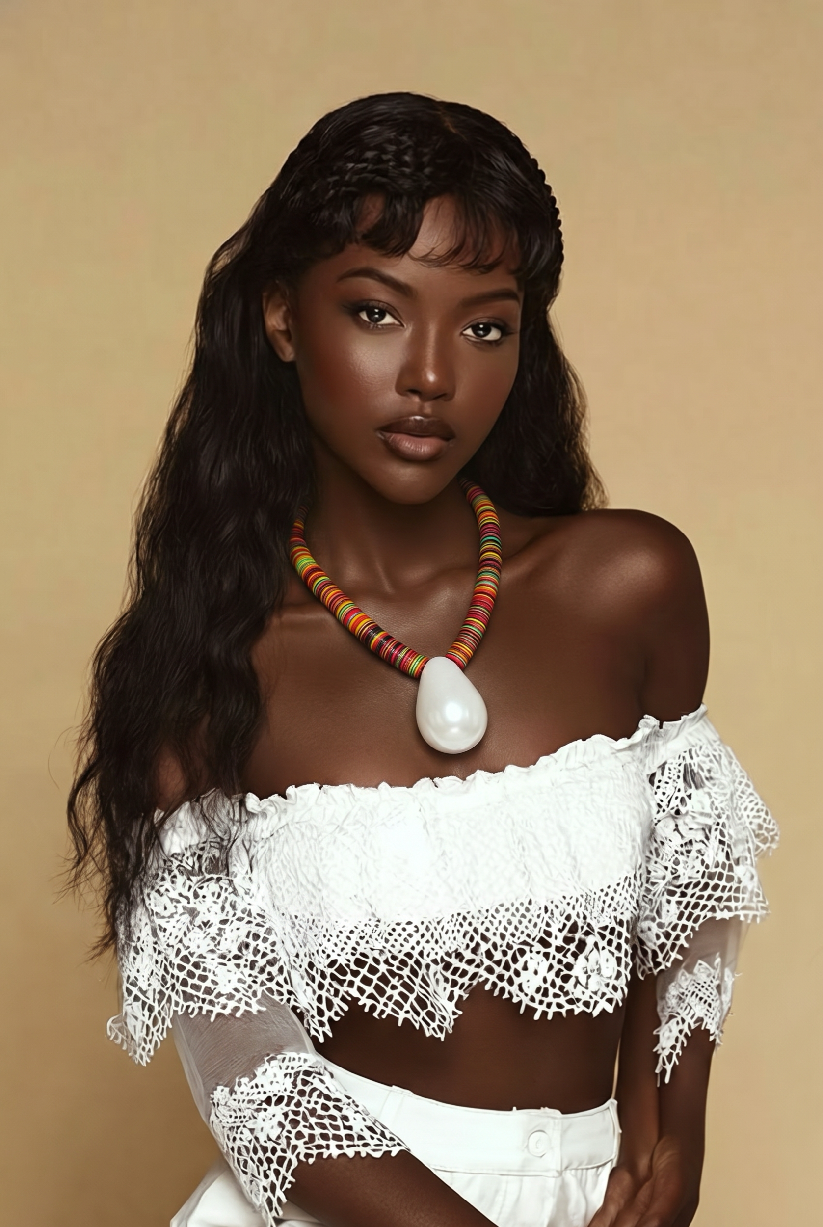 statement necklace with colorful vinyl disc beads and vintage lucite pearl pendant .