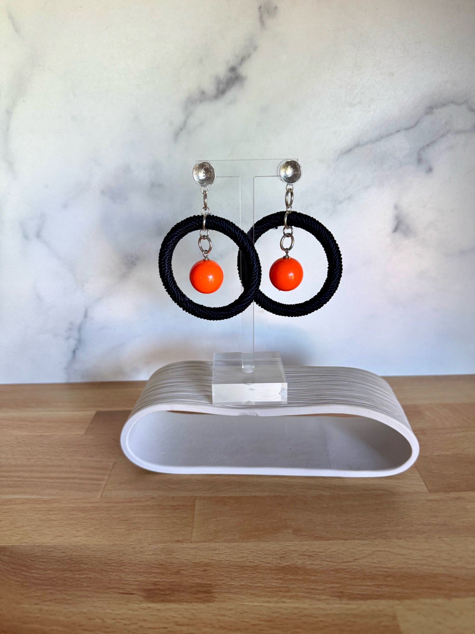 vintage orange lucite and fabric earring round hoop earrings