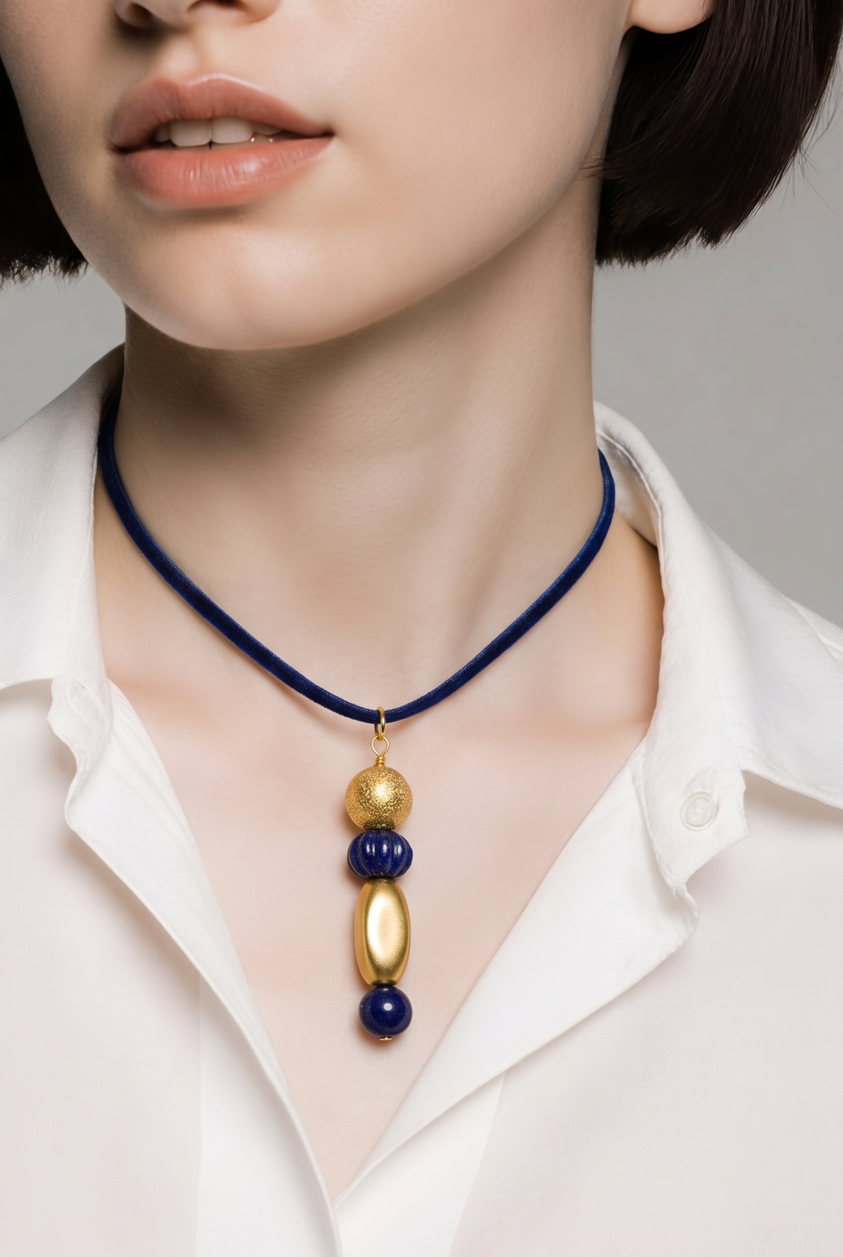 navy and gold vintage bead necklace on cloth cord