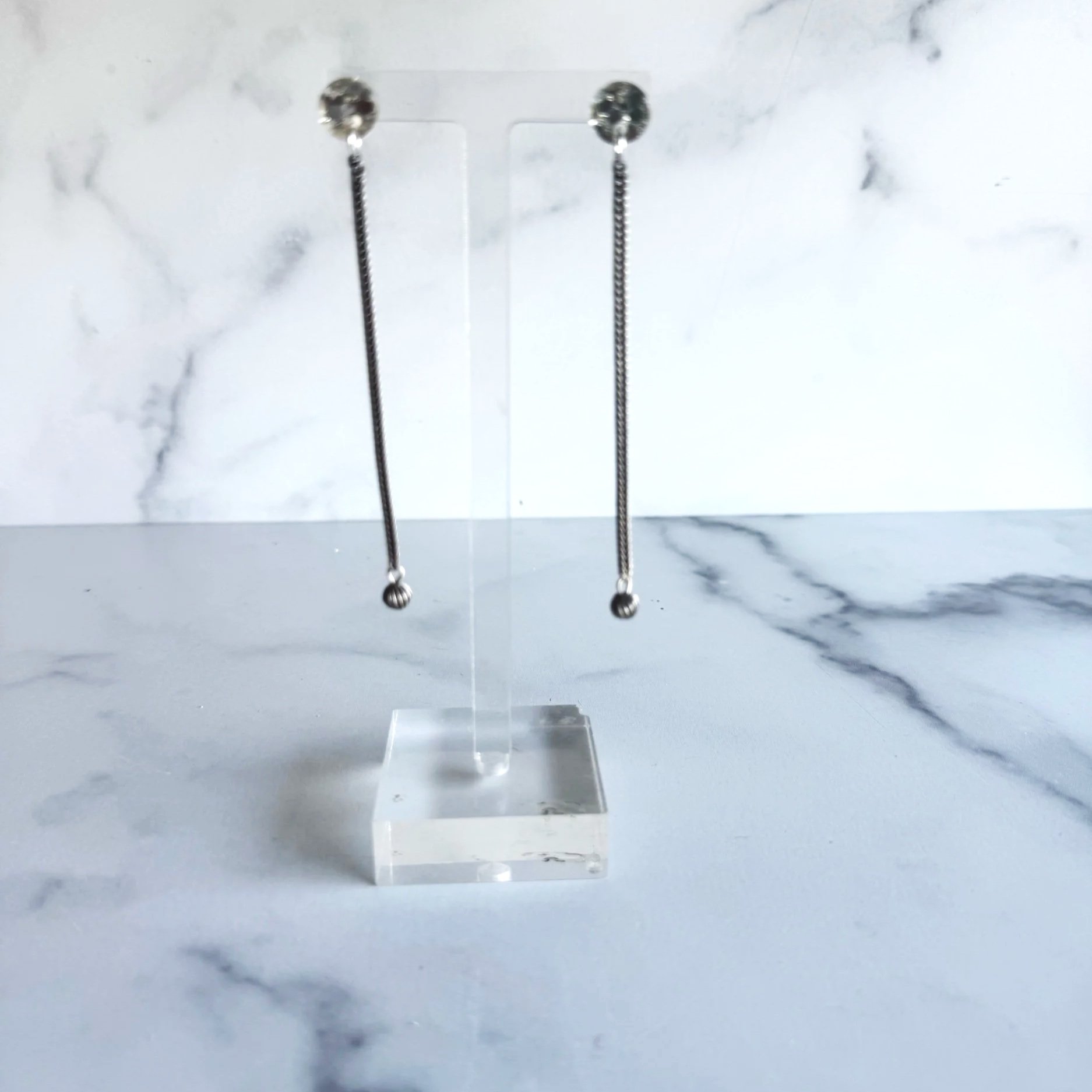 Silver drop earrings.  simple and modern