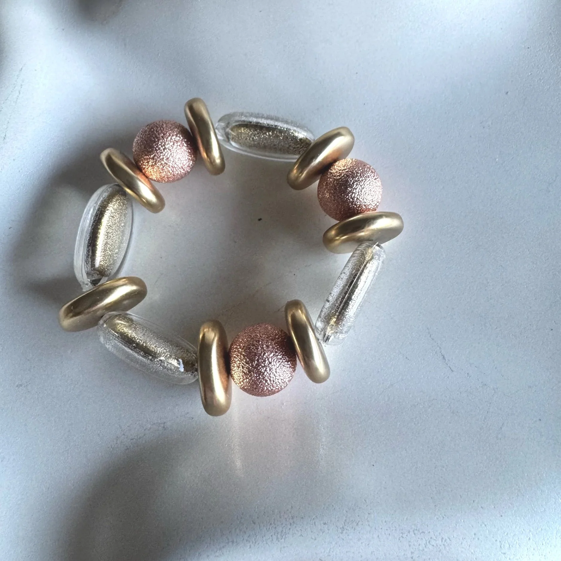 vintage beads and metal beads rose gold beaded stretchy bracelet