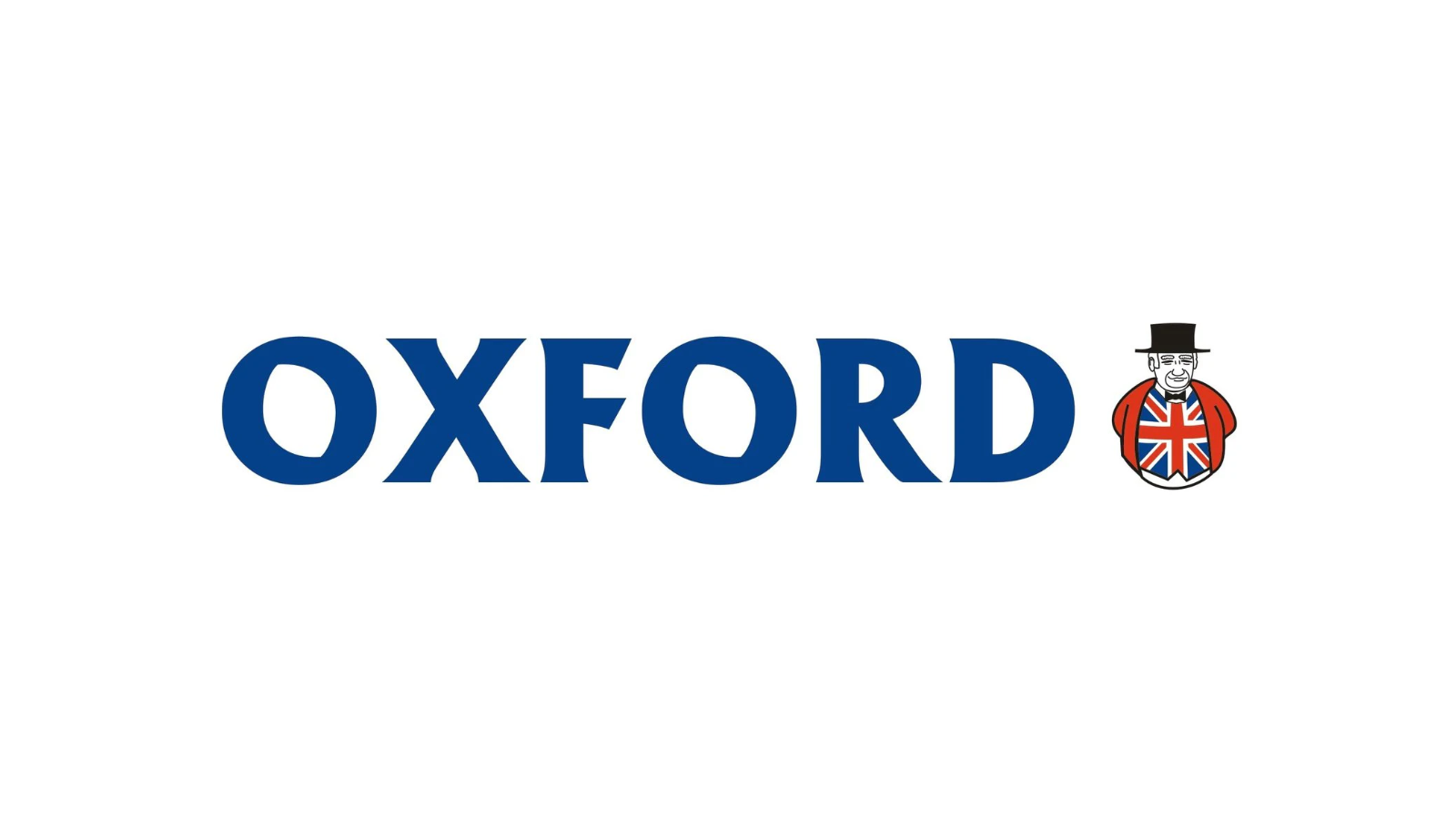 The word 'OXFORD' in blue letters with a cartoon figure wearing a black bowler hat, red jacket with Union Jack design, and white beard on the right side.