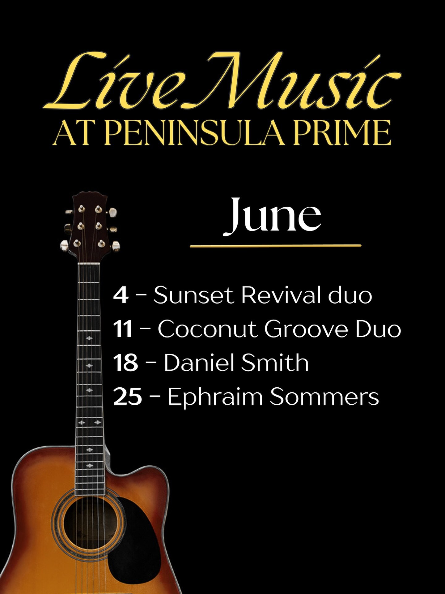 Cool off with live music and half priced bottles of wine ($120 and under) every Wednesday this month! 

New to our lineup is @ephraim_sommers ! We are excited to have him at Peninsula Prime on the 25th, so mark your calendars and let&rsquo;s give him