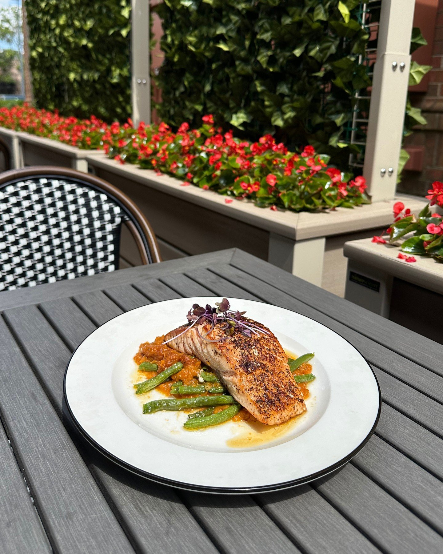 Check out our new Salmon dish - Crunchy Garlic Chili Oil Crusted Salmon served with Sweet Potato Mash and Green Beans. Perfect for enjoying on our patio!