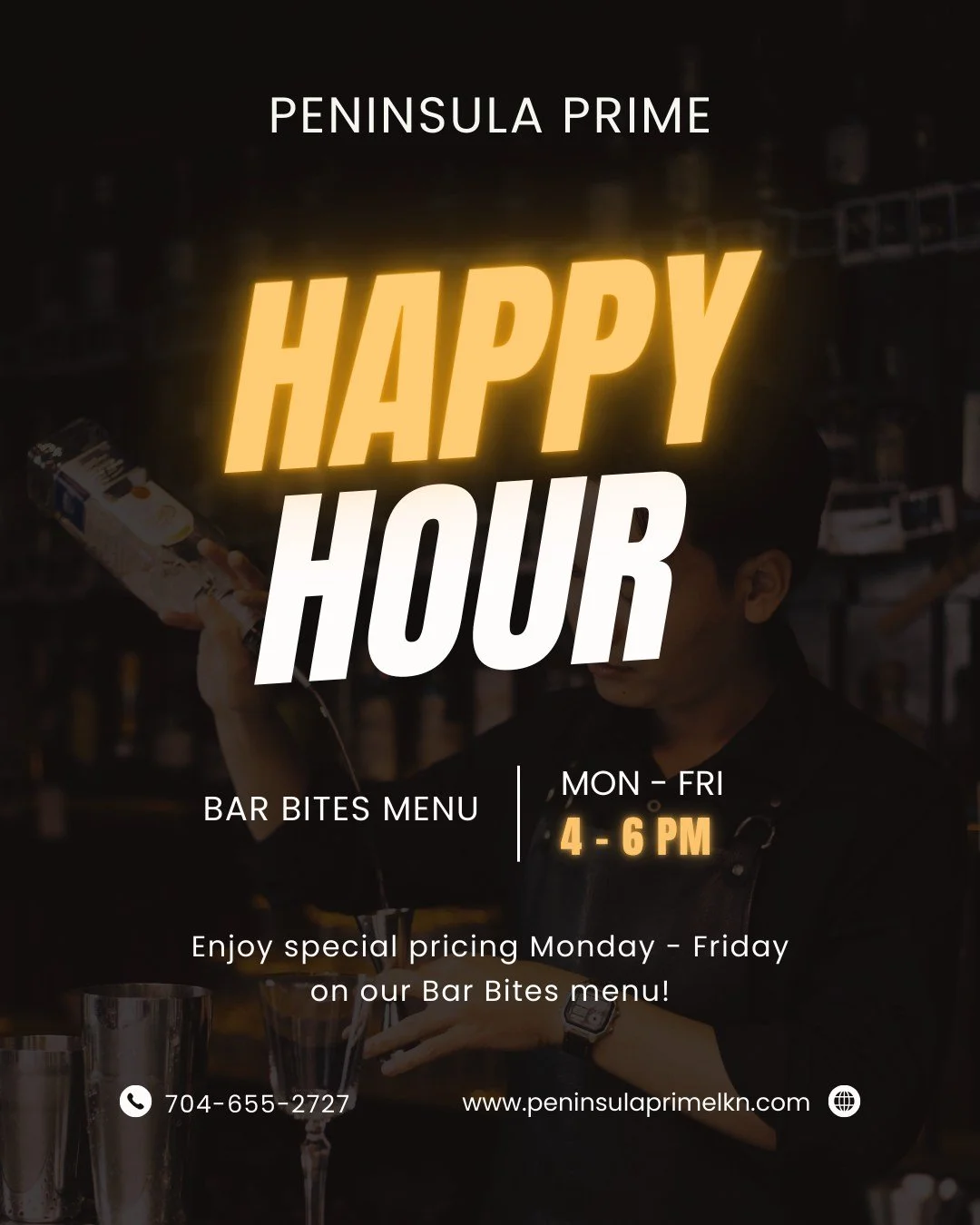 Your work week just got better...

We're serving our Bar Bites menu Monday - Friday from 4pm - 6pm! Enjoy dishes like Shaved Prime Rib Sliders, Crispy Fried Calamari, Truffle Deviled Eggs, and more!