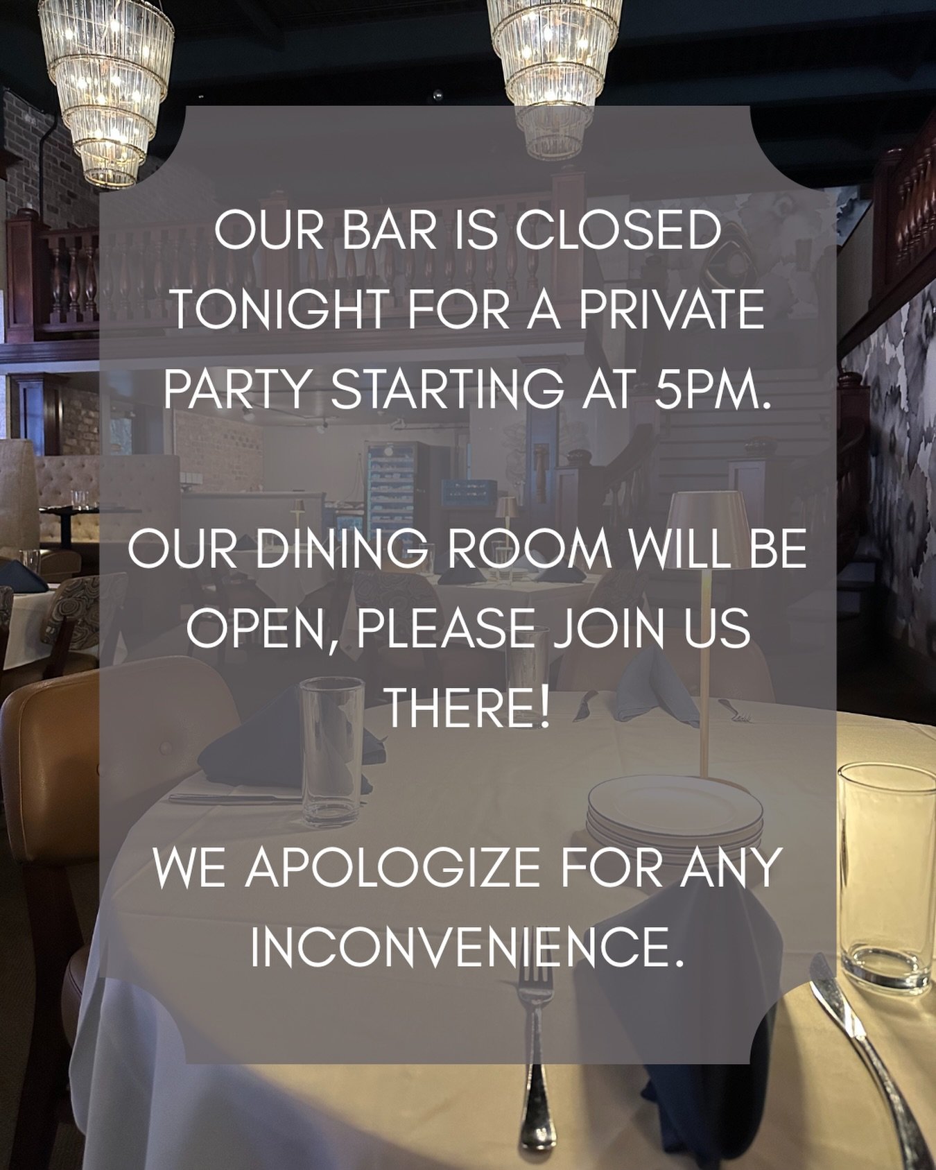 Dear Valued Guests,

Happy holidays from all of us at Peninsula Prime!

We are pleased to inform you that our dining room will be open this evening. Please note that our bar will be closed for a private party starting at 5:00 PM. We apologize for any