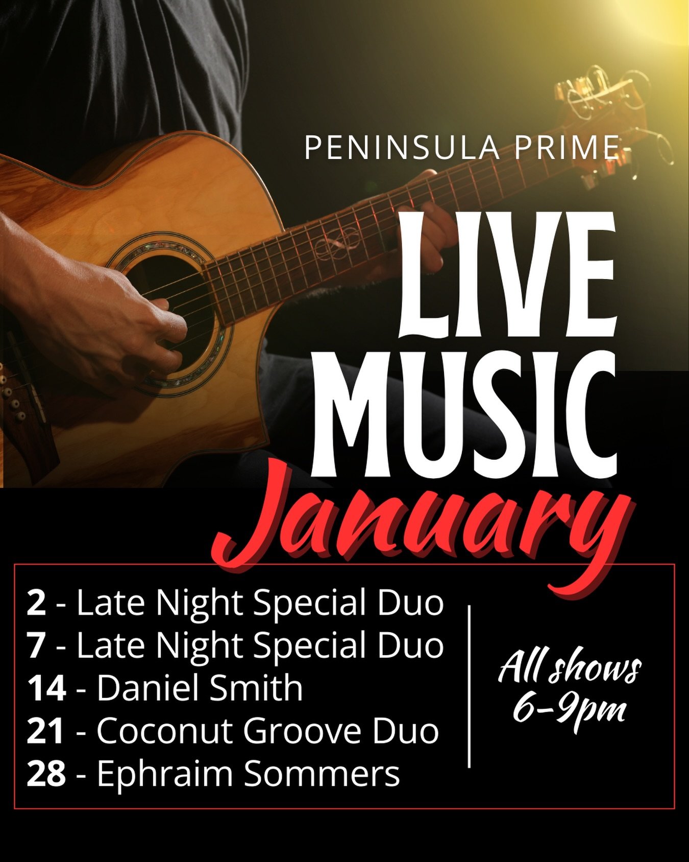 📣 NEW TIME! All live music at Peninsula Prime will start at 6pm and end at 9pm! 

Wednesdays at Peninsula Prime - where the lights are low, the music is live, and the night feels just right ✨🎶

Check out our acoustic live music lineup for January a