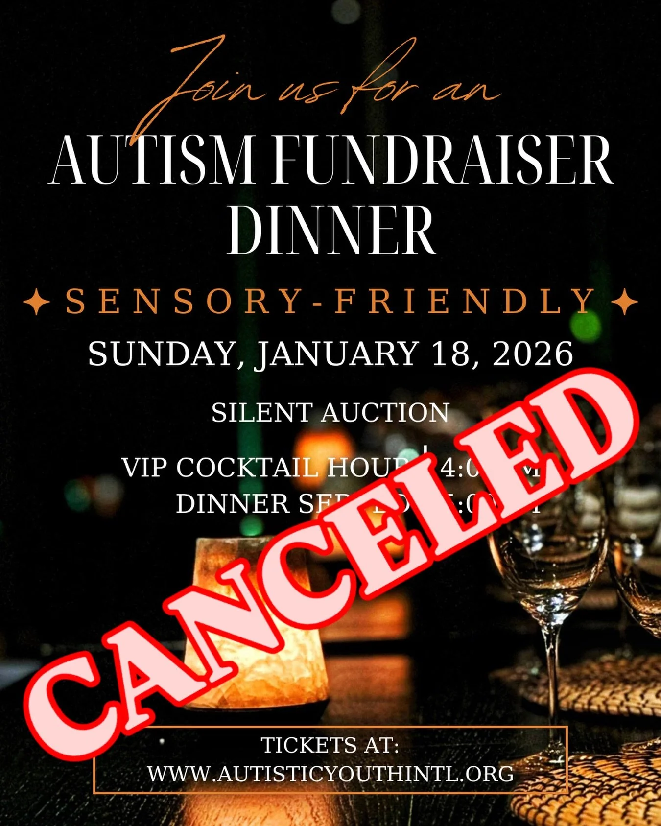 Due to inclement weather, our Autism Fundraiser Dinner that was scheduled for tomorrow (January 18th) is canceled. Reach out to @autistic_youth_intl for any issues with refunds on tickets. 

Hopefully we will be able to reschedule this event soon!