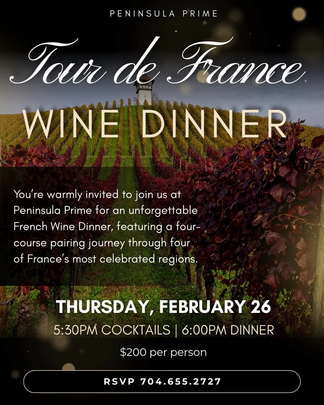 You&rsquo;re warmly invited to join us at Peninsula Prime on Thursday, February 26th for an unforgettable French Wine Dinner, featuring a four-course pairing journey through four of France&rsquo;s most celebrated regions.

Each course has been though