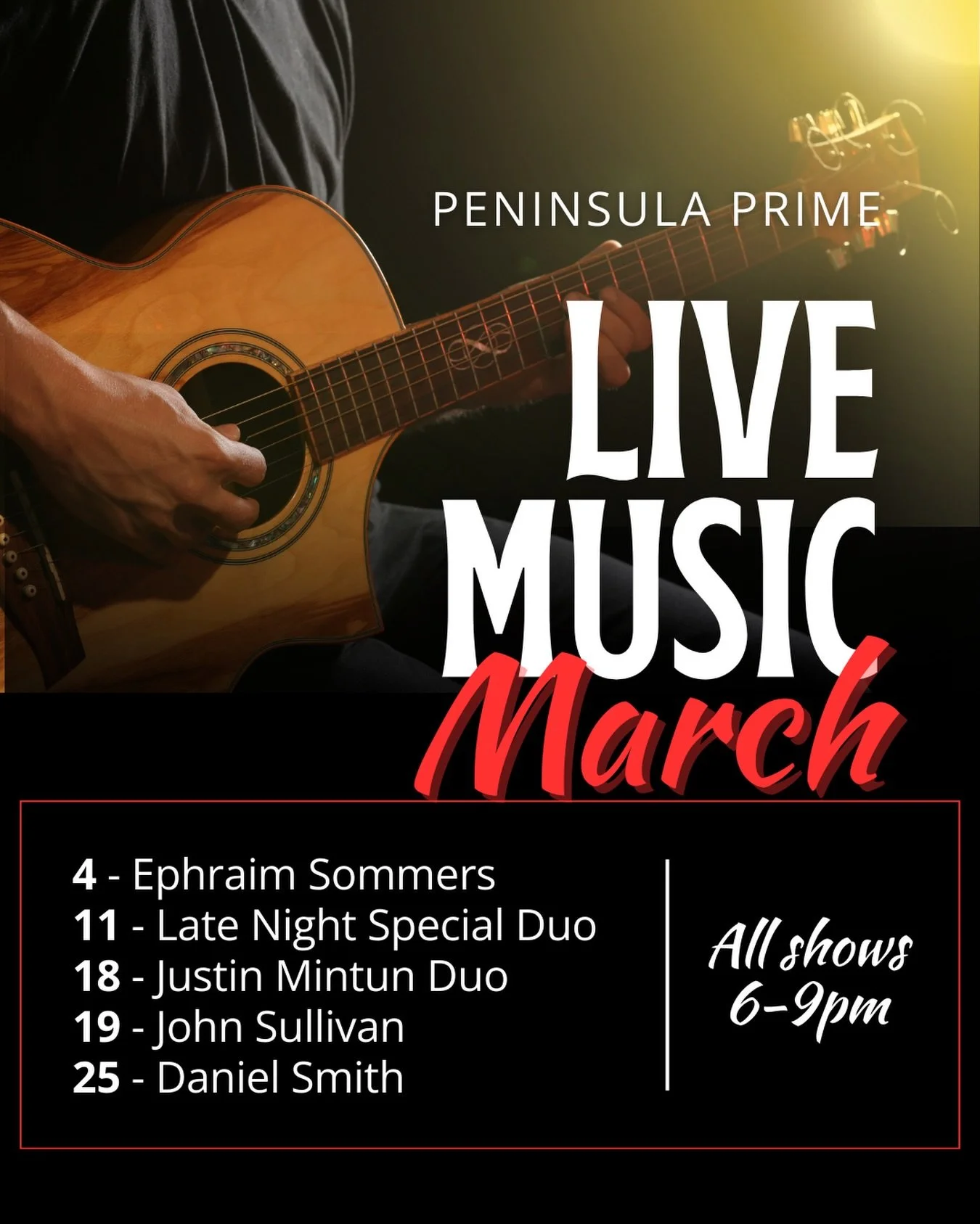 Our March Live Music Lineup is here! 🥳

We&rsquo;re kicking off the month tonight with @ephraim_sommers ! And we&rsquo;re excited to have @fredleeiv , @justinmintunmusic , @john_sullivan_music , and @dansmithclt returning this month! 

Which shows a