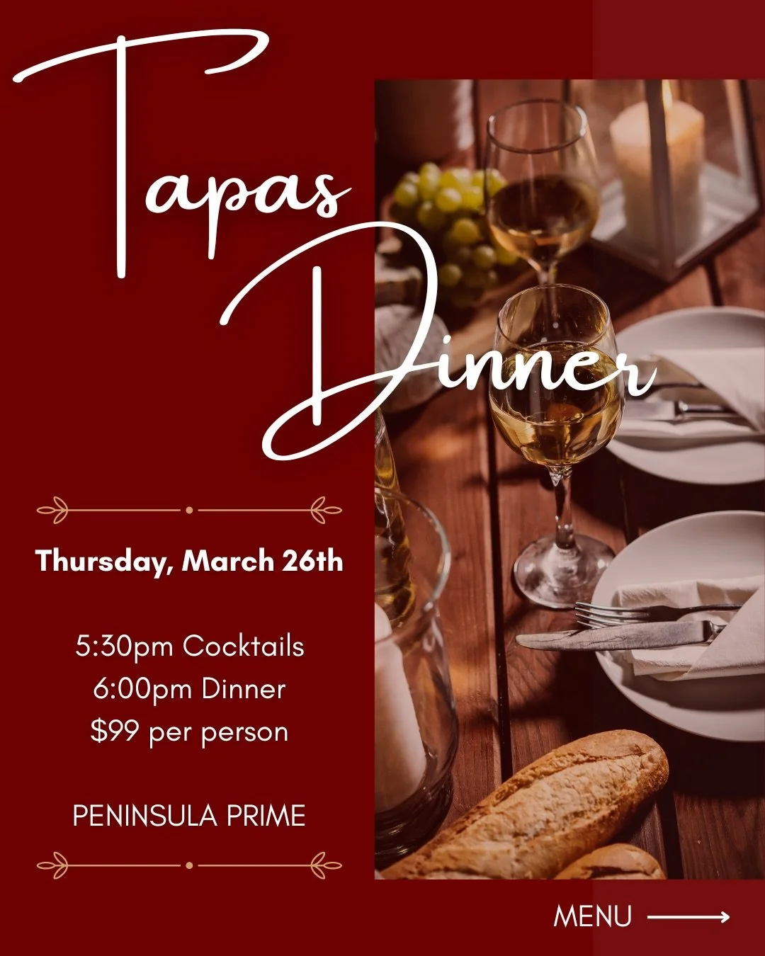 Experience the tastes of Portugal in a Tapas-style dinner at Peninsula Prime! Join us on Thursday, March 26th for a three course meal with wine pairings highlighting Portuguese cuisine. 

First Course:
Octopus Ceviche
Marinated octopus with fresh cit