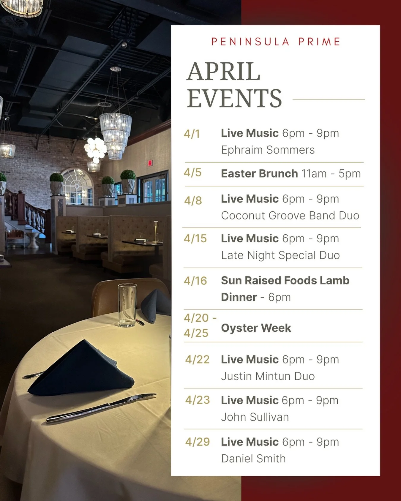 Wow 🤩 April at Peninsula Prime is looking amazing! We&rsquo;ve got lots to share, so here&rsquo;s the breakdown: 

🌸 First, our new Spring Menu officially drops on April 1st! We will have a brand new cocktail menu, and some delicious additions to o