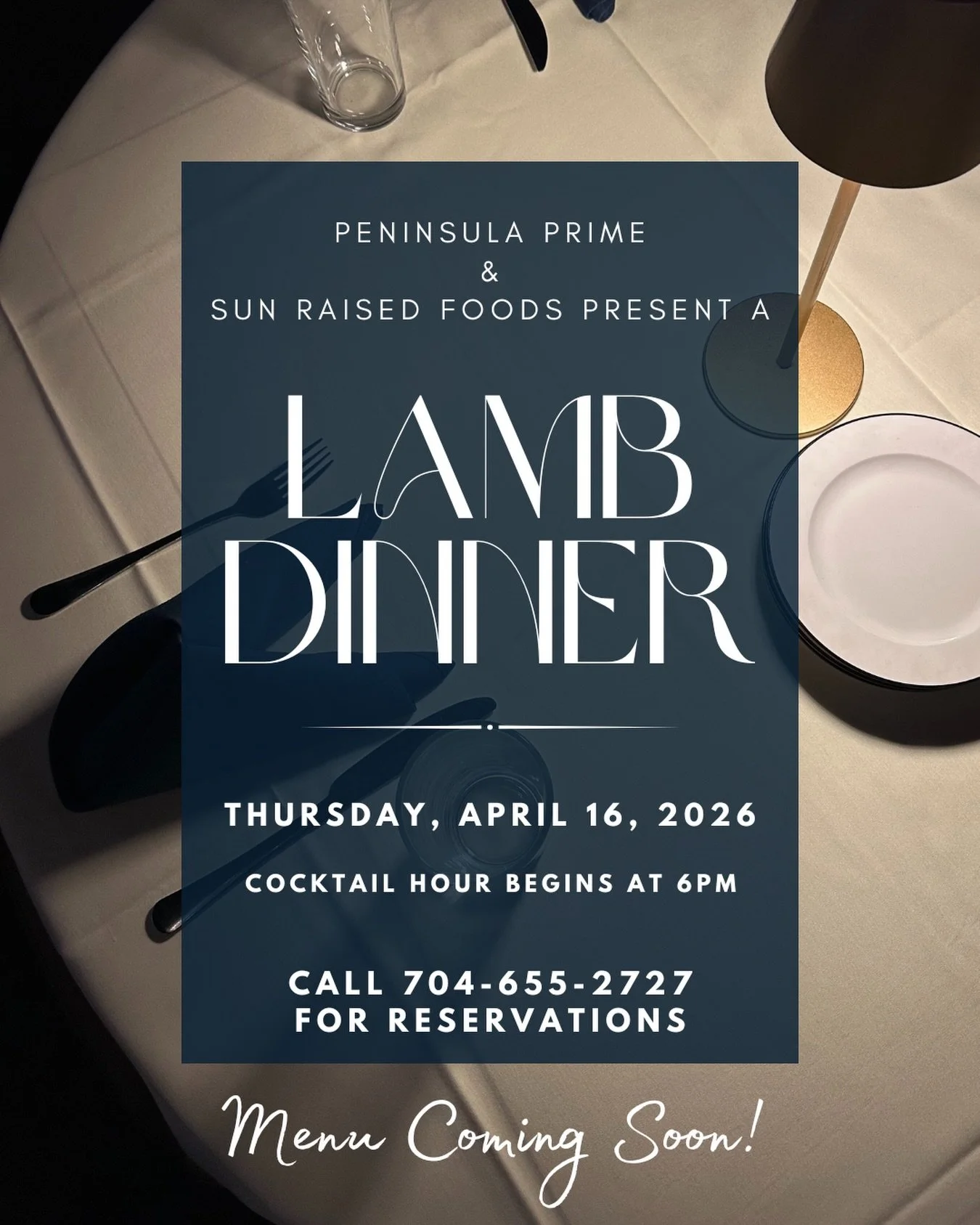 An evening of flavor, intention, and connection.

Join us Thursday, April 16th at Peninsula Prime for a special farm-to-table Lamb Dinner in collaboration with @sunraisedfoods . Each dish will feature pasture-raised lamb, thoughtfully sourced from an