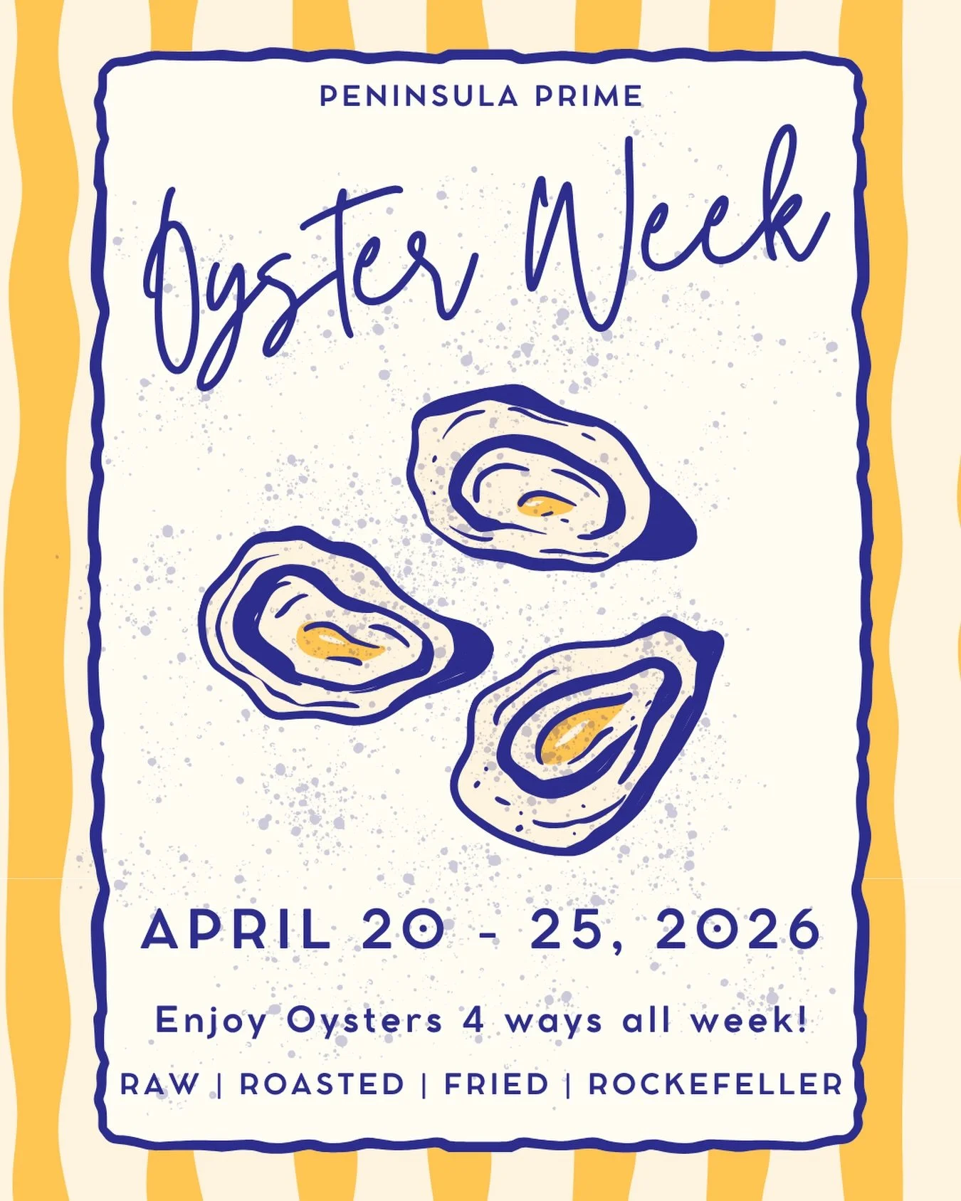 🦪🦪OYSTER WEEK IS HERE!🦪🦪

Join us all week at Peninsula Prime for delicious oysters FOUR ways! Raw, Roasted, Fried, and Rockefeller 😍