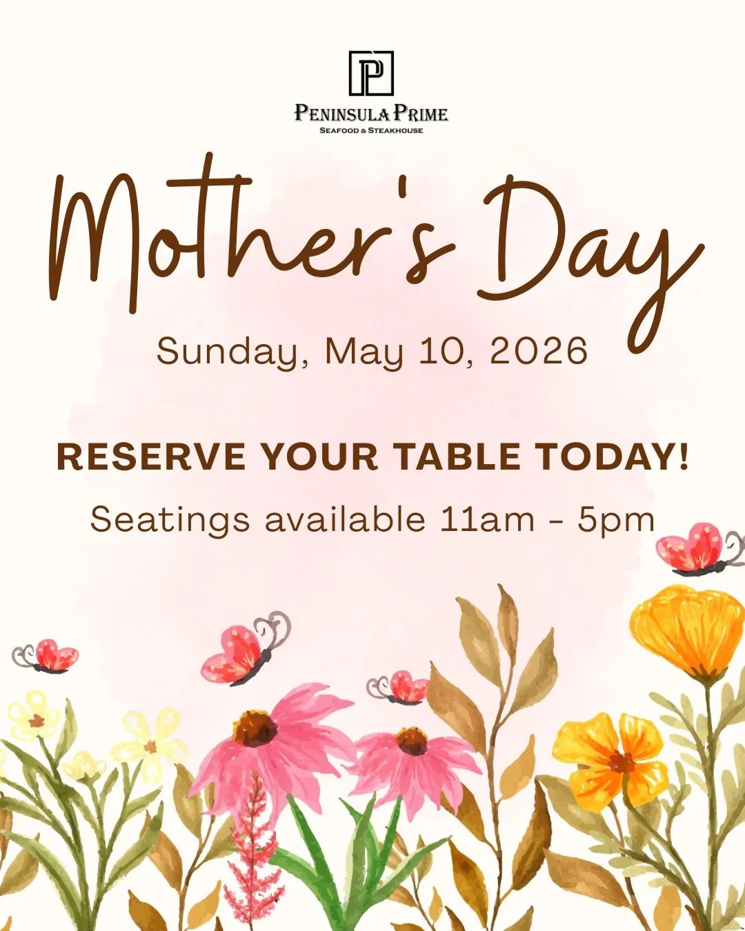 Celebrate Mom at Peninsula Prime this year! We will have seatings from 11am-5pm on Sunday, May 10th. 

Enjoy our full menu all day as well as our famous Prime Rib! Join us in the dining room or out on our gorgeous covered patio! Reservations are stro