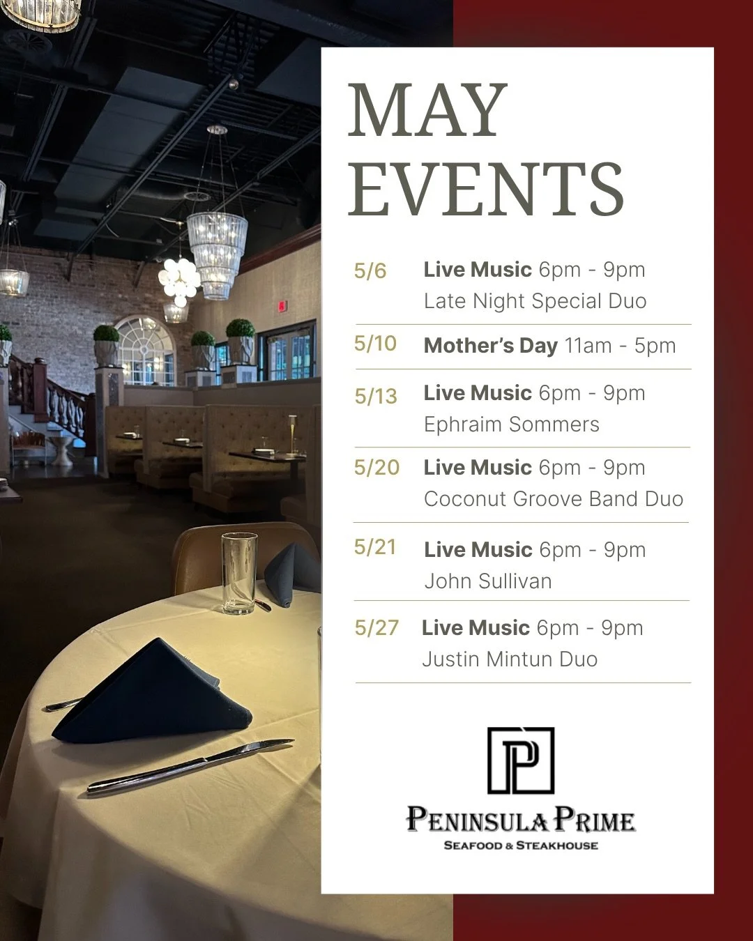 Well hey there, May! 👒☀️🌸

Join us at Peninsula Prime this month for live music out on our covered patio (weather permitting)! It&rsquo;s a great way to relax on a Wednesday evening with half-priced select bottles of wine and $25 Steak Frites.

Thi