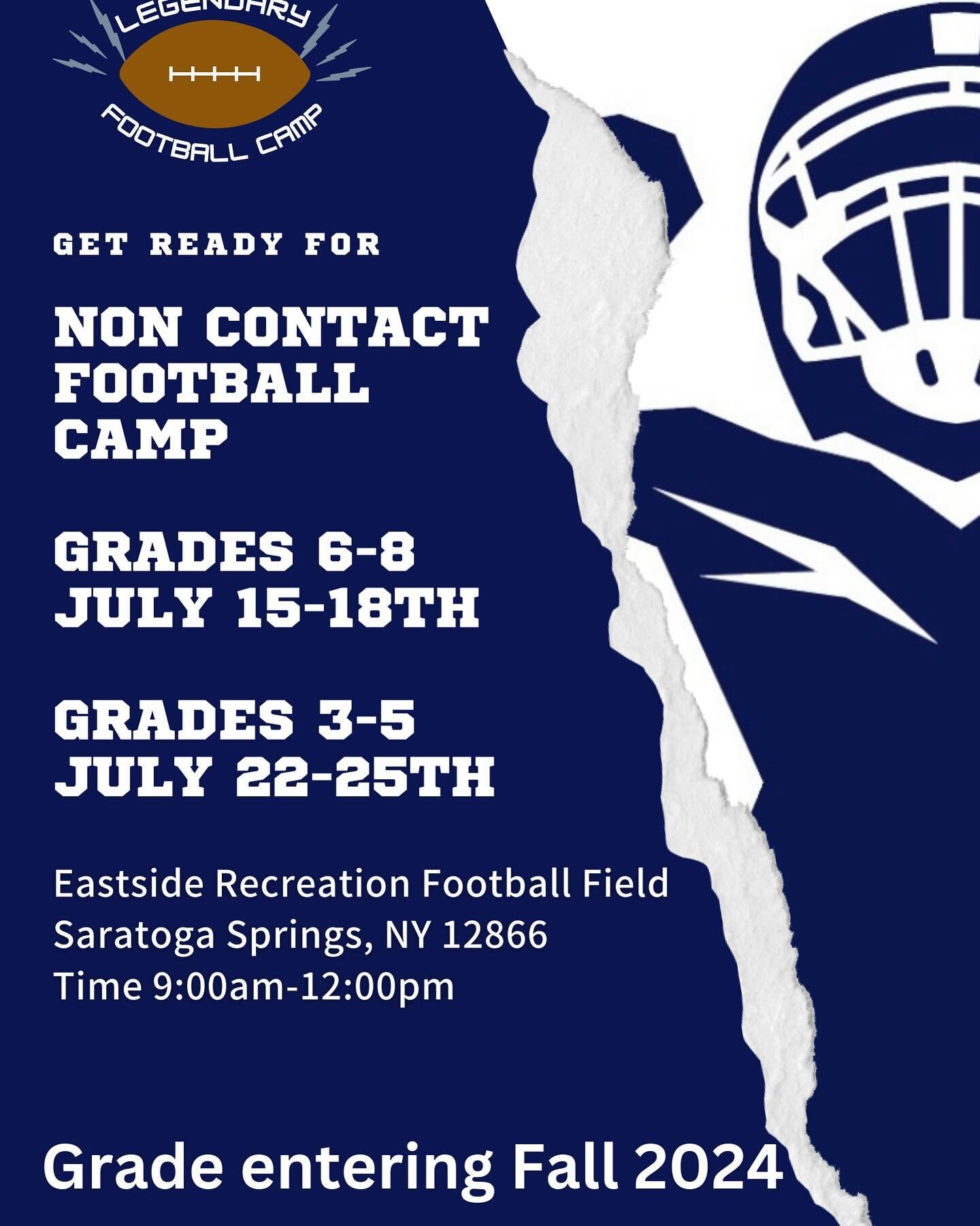 ANNOUNCEMENT: Youth Football Camps in July at Eastside Recreation Football Field in Saratoga Springs, NY 12866!
 Our experienced coaching staff will help each athlete learn the fundamentals of offense and defense while assisting them to develop their