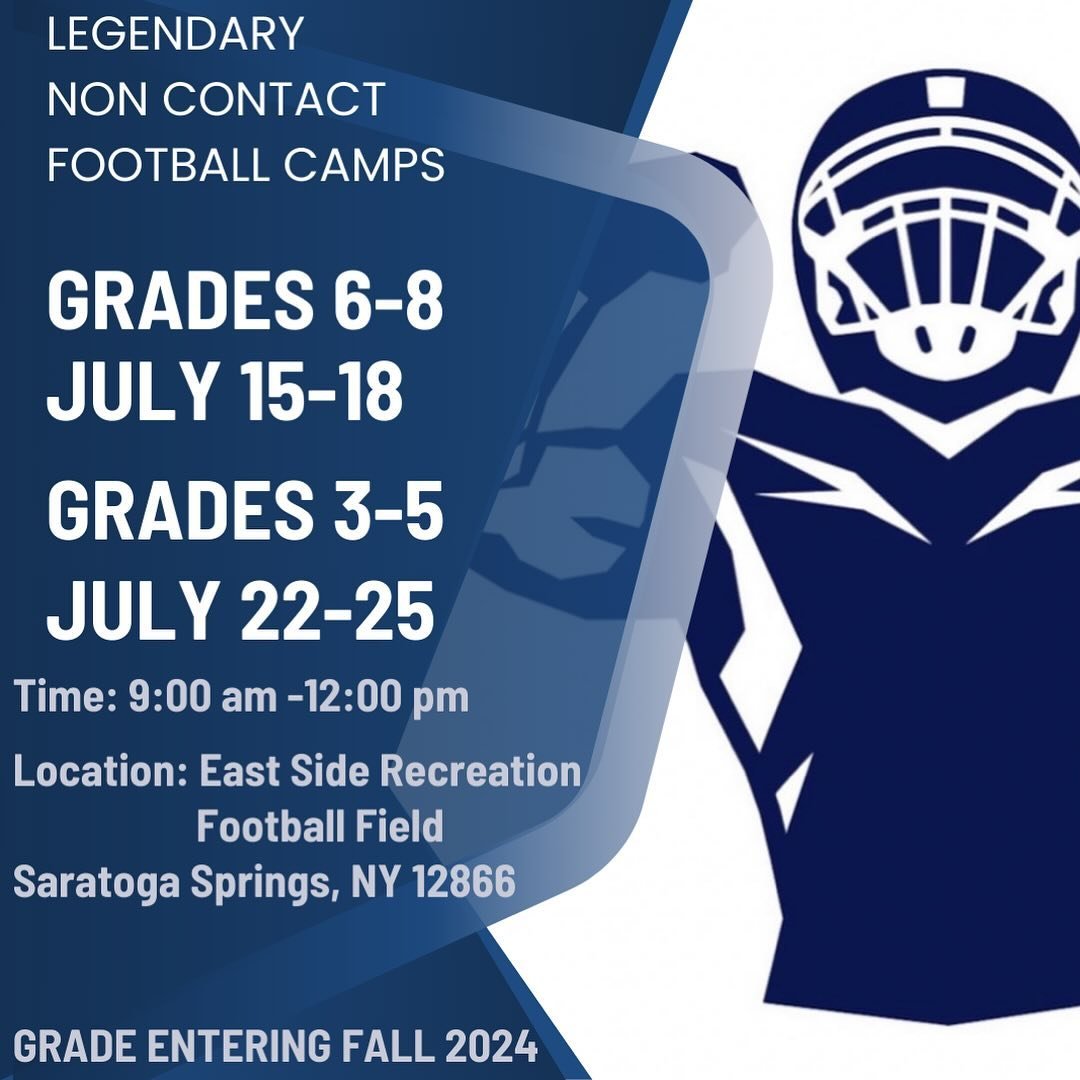 Legendary Sports Training is bringing 2 Non Contact Football Camps to Saratoga Springs, NY. Grades 6-8 and Grades 3-5 based on athletes grade in the fall. Head to our website to register. Link in our bio.