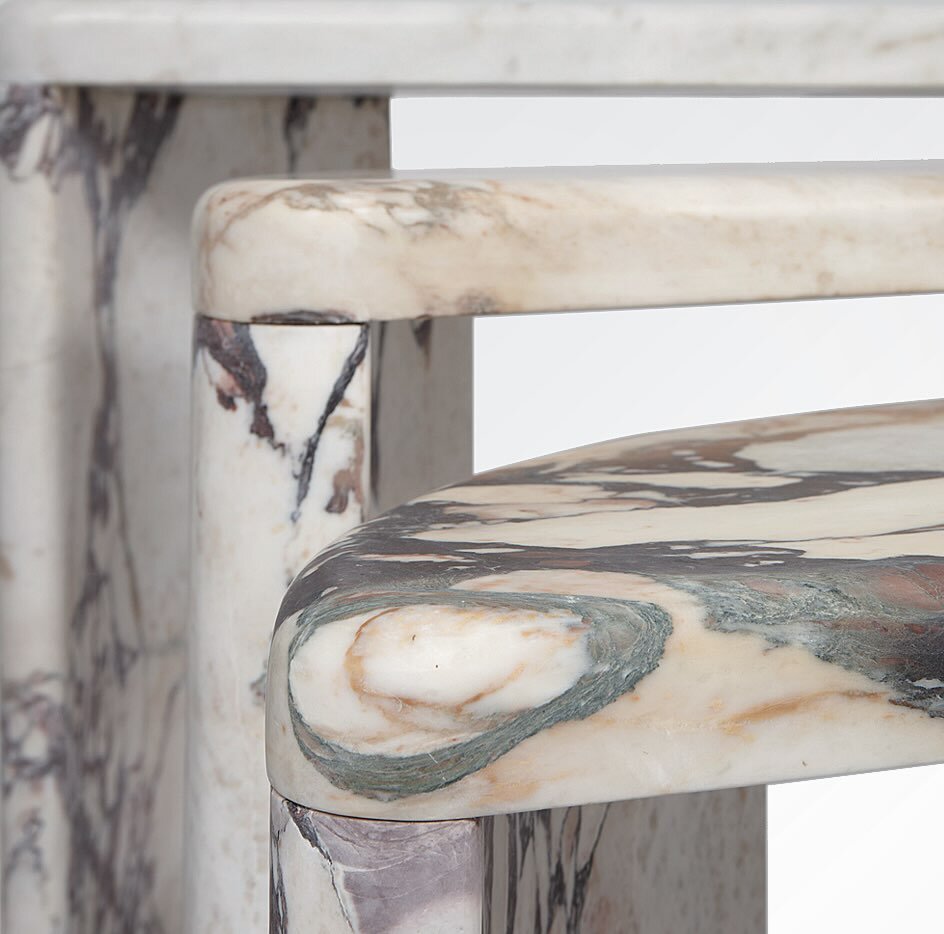 Introducing the Level Buffet in detail. Hand sculpted out of solid Breccia Viola marble, proposing a new way to display.