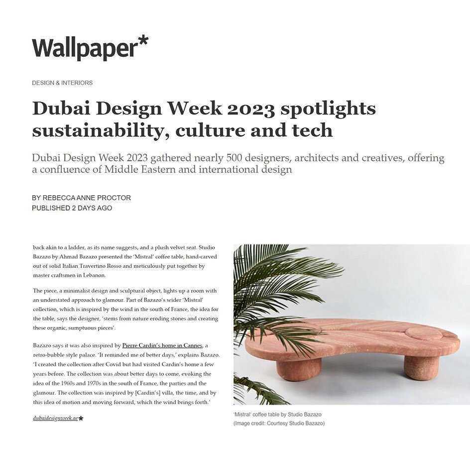 Studio Bazazo featured in @wallpapermag highlights for @dubaidesignweek 2023! A big thank you to @rebeccaanneproctor on the great article!