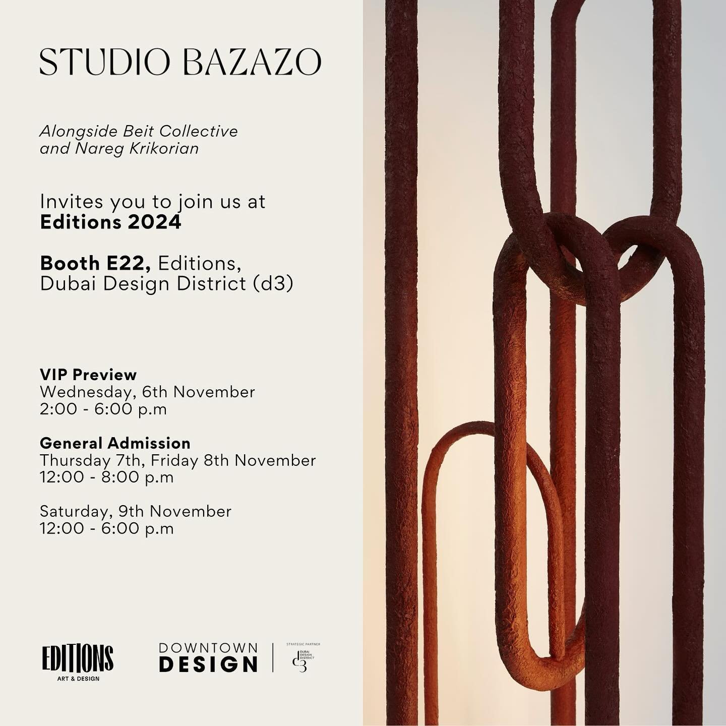 Against all odds, @studiobazazo will be showcasing their latest works at @editionsartanddesign 2024 for their inaugural show. 

Come and discover our latest pieces from the &ldquo;Mistral&rdquo; and &ldquo;Drape&rdquo; collections.

We will be exhibi