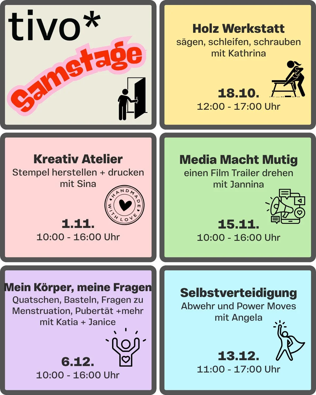 🍬 samstags ge&ouml;ffnet?? ja!! 🍬
am 18.10. geht's los!
🪚 1 Tag in der Holz Werkstatt 🛠️
mit 🎶 und 🍕🍕

👀 Interesse?
Anmeldung!
0304496026
tivo@kilele-berlin.de
oder DM hier

#minta #flinta #m&auml;dchenarbeit #offenekinderundjugendarbeit #okj