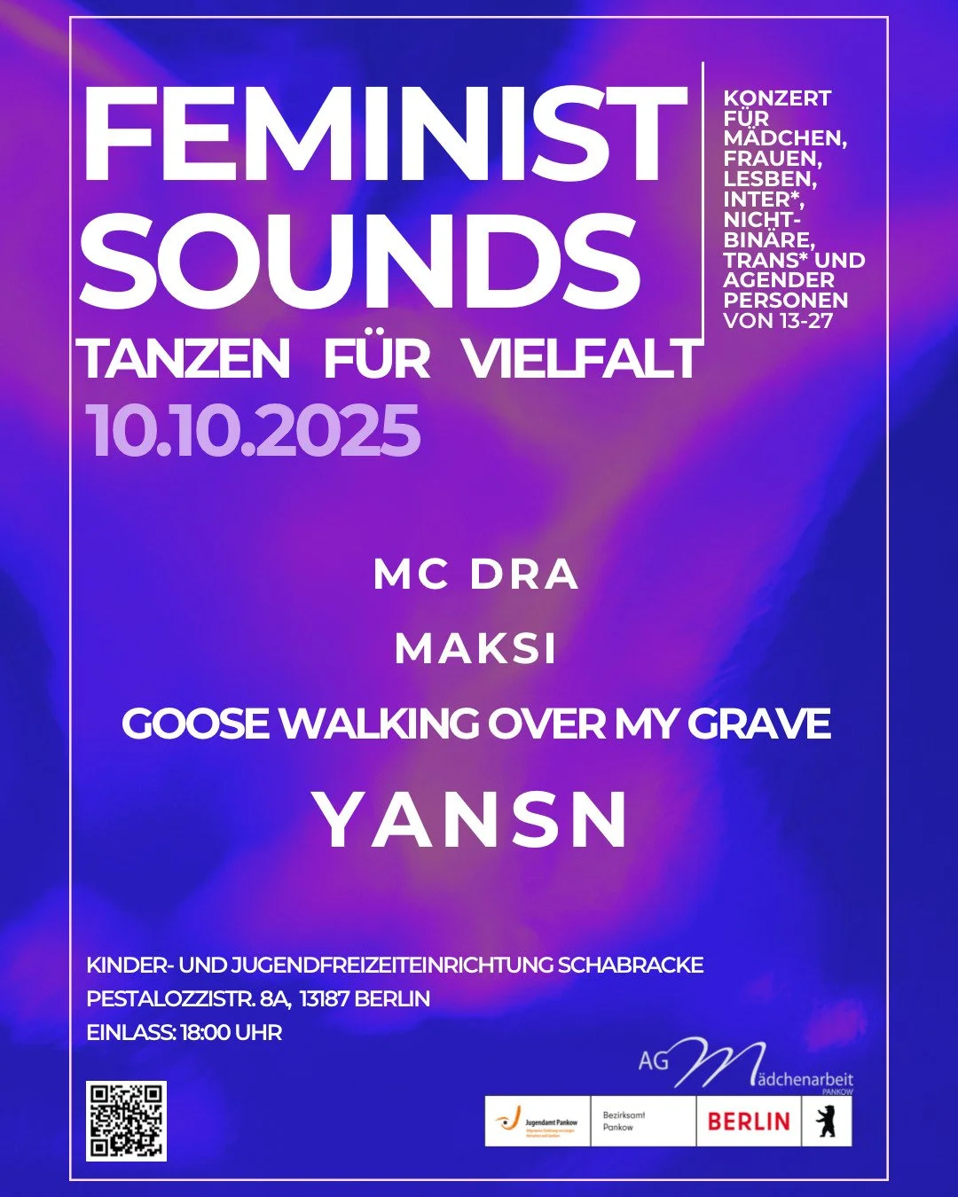 🪩An alle Girls &amp; Flintas*: Am 10.10.2025 veranstalten wir im Rahmen der M&auml;dchen*Arbeit in Pankow ein Konzert f&uuml;r M&auml;dchen und junge FLINTAS* in der Kinder- und Jugendfreizeiteinrichtung Schabracke. Checkt die tollen Acts aus und ko