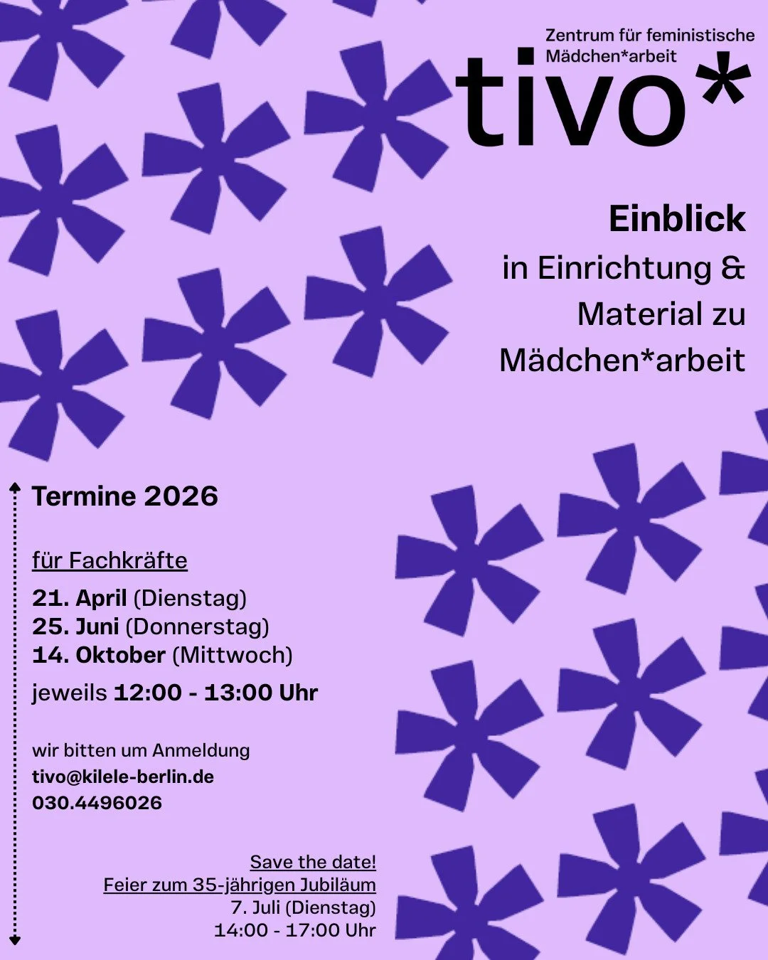 👀 an alle Fachkr&auml;fte (in Pankow): neue Termine! 
um die R&auml;ume der tivo* und/oder die Materialien kennenzulernen, die ausleihbar sind 📚
21. April
25. Juni
14. Oktober
Gern an neue Kolleg*innen weiterleiten oder an Gruppen und Einrichtungen