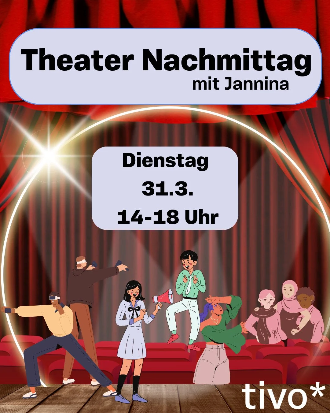 🎭 Einen ganzen Nachmittag Geschichten, verkleiden, spielen, ... 👑
Theater mit Jannina in der tivo*!
Am Dienstag.
14 bis 18 Uhr
Hast du Lust?
Sag gern Bescheid.
Es gibt auch Snacks!

#ferien #m&auml;dchenarbeit #offenekinderundjugendarbeit #pankow #