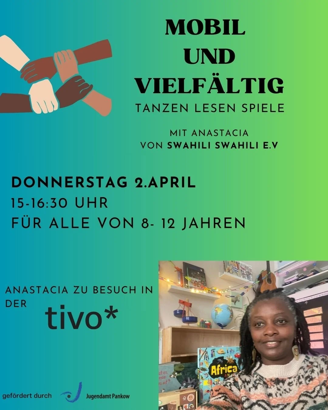 Tanzen, lesen und Spiele!
Mit Anastacia von @swahiliswahili_berlin 
Am Donnerstag.
15 Uhr.
Komm einfach vorbei!

#ferien #m&auml;dchenarbeit #offenekinderundjugendarbeit #pankow #fr&uuml;hling #m&auml;dchen #minta #flinta #sozialearbeit #inklusion #t