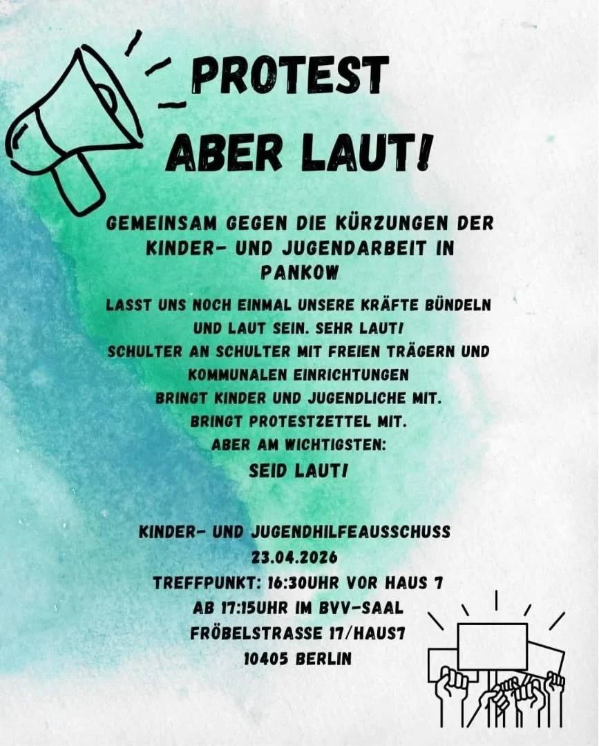 Kommt alle morgen zum Kinder- und Jugendhilfeausschuss und protestiert mit uns gegen die K&uuml;rzungen in der Offenen Kinder- und Jugendarbeit, der Familienf&ouml;rderung und der Schulsozialhilfe.
Unterst&uuml;tzt uns und die anderen Einrichtungen! 