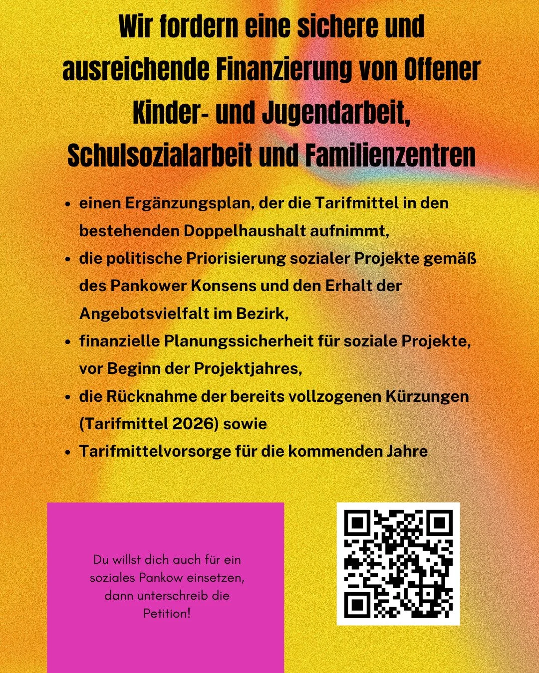 wir brauchen eure unterst&uuml;tzung! bitte unterzeichnet unsere petition, damit es auch weiterhin viele verschiedene, kostenlose angebote f&uuml;r kinder, jugendliche und familien in pankow gibt!

https://innn.it/pankowunkuerzbar