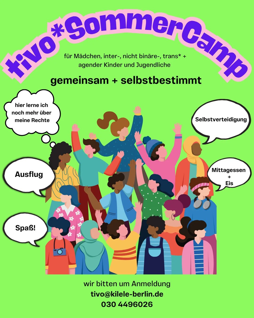 🎉 tivo* SommerCamp 🎉
🌱 Deine Woche &ndash; nur f&uuml;r dich ❤️
💯 Kostenlos!

Was macht dir Spa&szlig;? Was ist dir wichtig?
Und was l&auml;uft vielleicht gerade nicht so gut?

Gemeinsam wollen wir 
- lachen, 
- Eis essen, 
- etwas &uuml;ber Selb