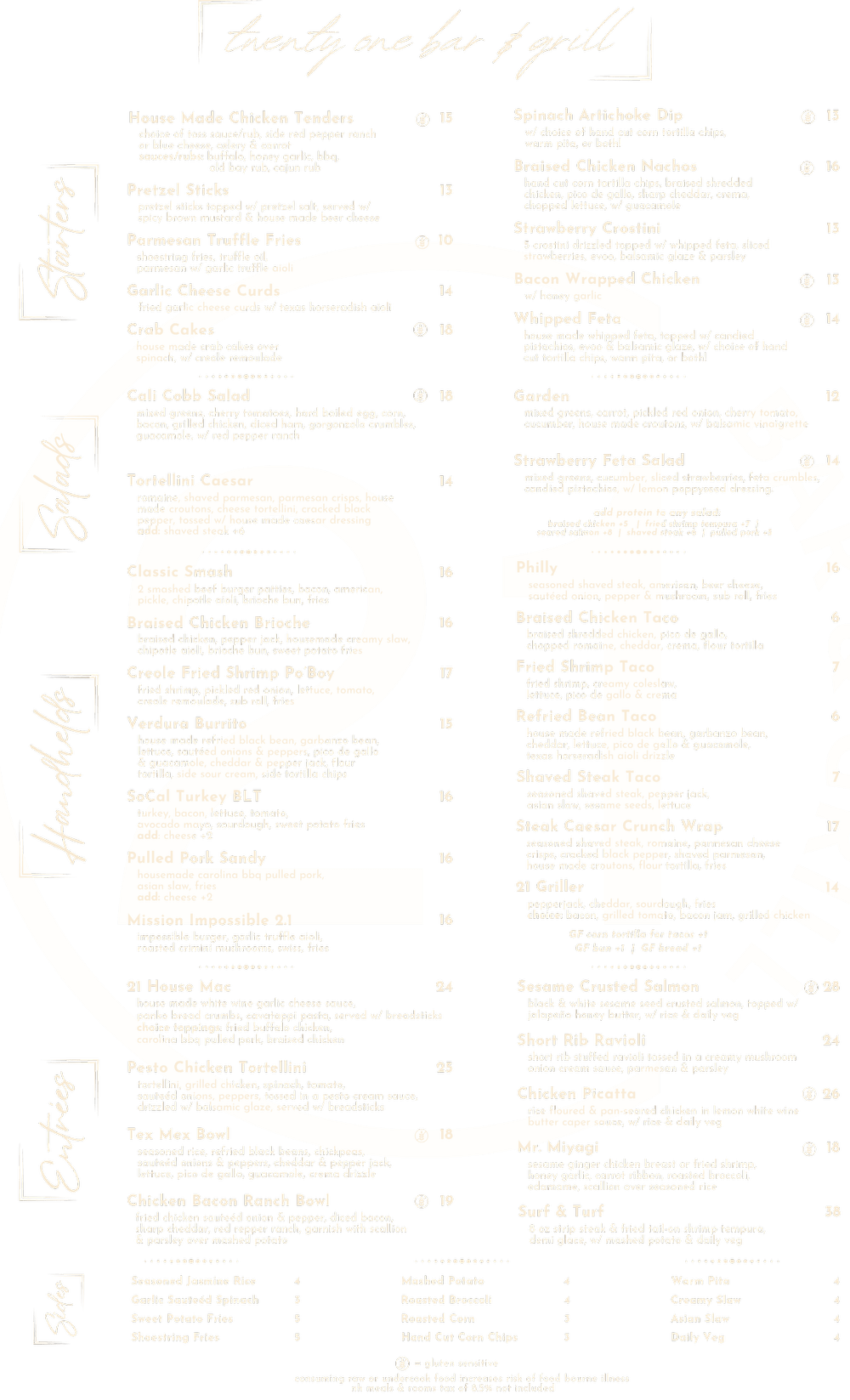 Dinner Menu — 21 Bar & Grill