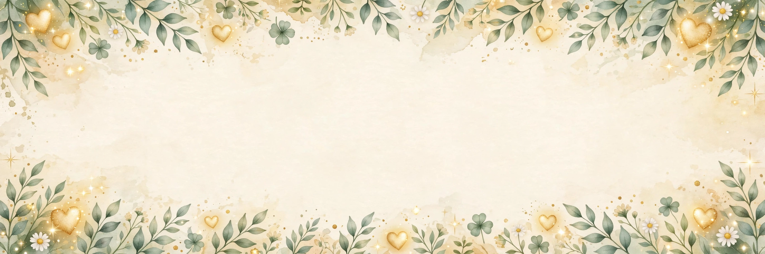 Decorative banner border in warm cream and gold with golden hearts, sage-green leaves, daisies and clover