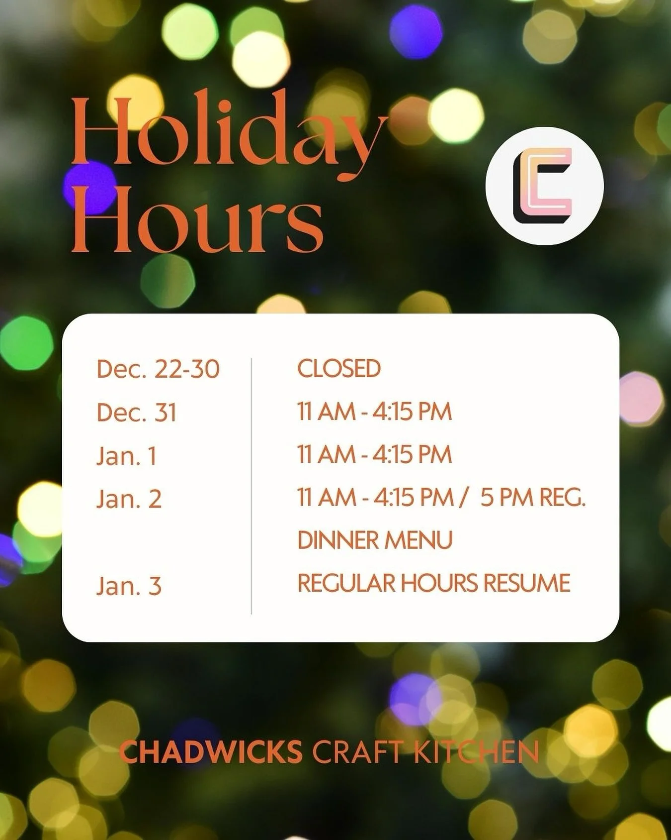 Our December 2025 Holiday Schedule 🗓️🎄✨

Dec 22-30 - closed
Dec. 31: 11AM - 4:15PM (Lunch hybrid menu)
Jan. 1: 11AM - 4:15PM (Lunch hybrid menu)
Jan. 2: 11AM - 4:15PM (Lunch hybrid menu) + 5PM reg dinner menu
Jan. 3: regular hours resume ☺️