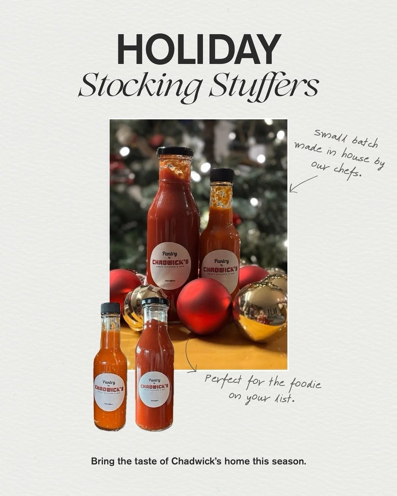 For the person who already has everything&hellip; except really good condiments 😉🎄

House-made hot sauce + ketchup, made from scratch by our chefs and ready to slide into a stocking.
Pop into Chadwick&rsquo;s and pick up a bottle (or two) ❤️
#chadw