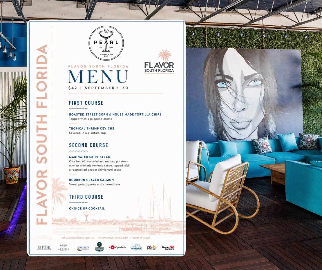 September tastes even better on the waterfront. 🌴🍸

The Pearl Cocktail Bar is joining Flavor South Florida with a $42 three-course menu featuring tropical shrimp ceviche, marinated skirt steak, bourbon glazed salmon and a cocktail to finish it all 
