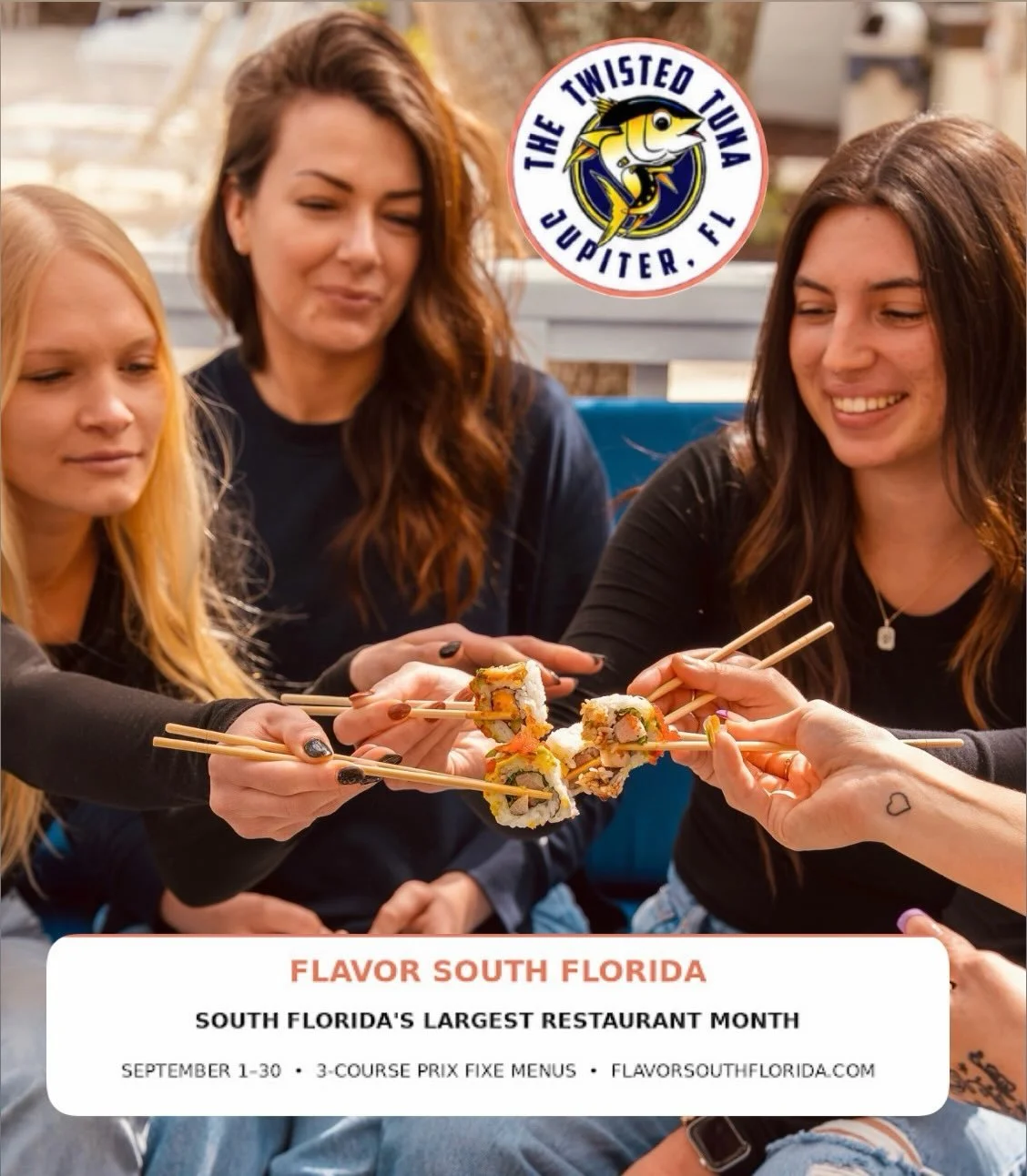 A little seafood, a little sushi, and something sweet to finish. 🌴🍣

The Twisted Tuna Jupiter is serving up a three-course Flavor South Florida menu for $49 this September. Choose from favorites like Twisted Calamari or Smoked Tuna Dip, then dive i