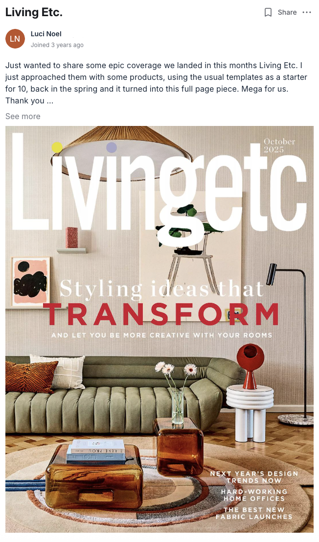 Livingetc homeware brand feature secured through the PR Dispatch press database