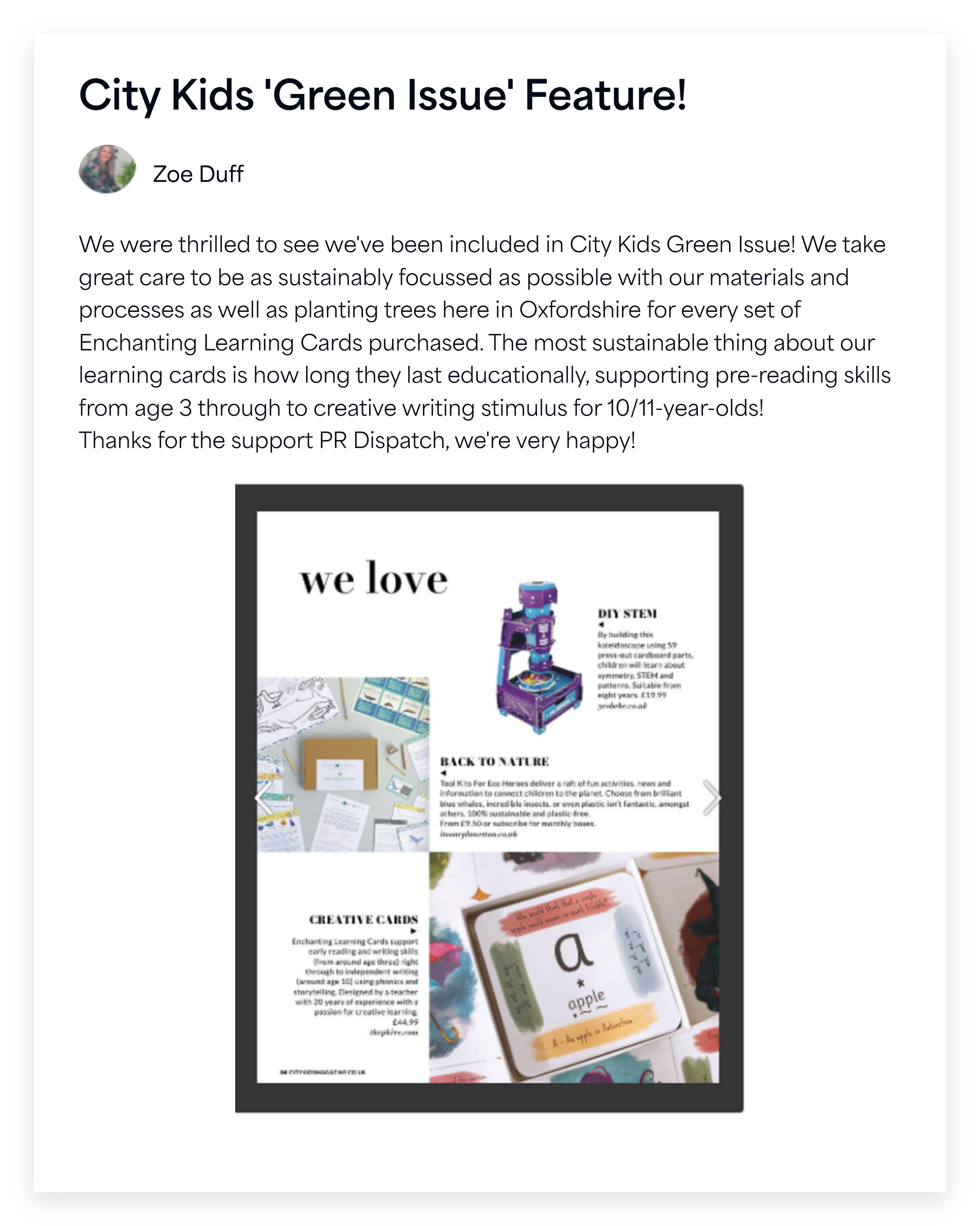 PR Dispatch member Zoe Duff shares her brand's Enchanting Learning Cards being featured in the City Kids Magazine Green Issue, shown with the printed magazine spread.