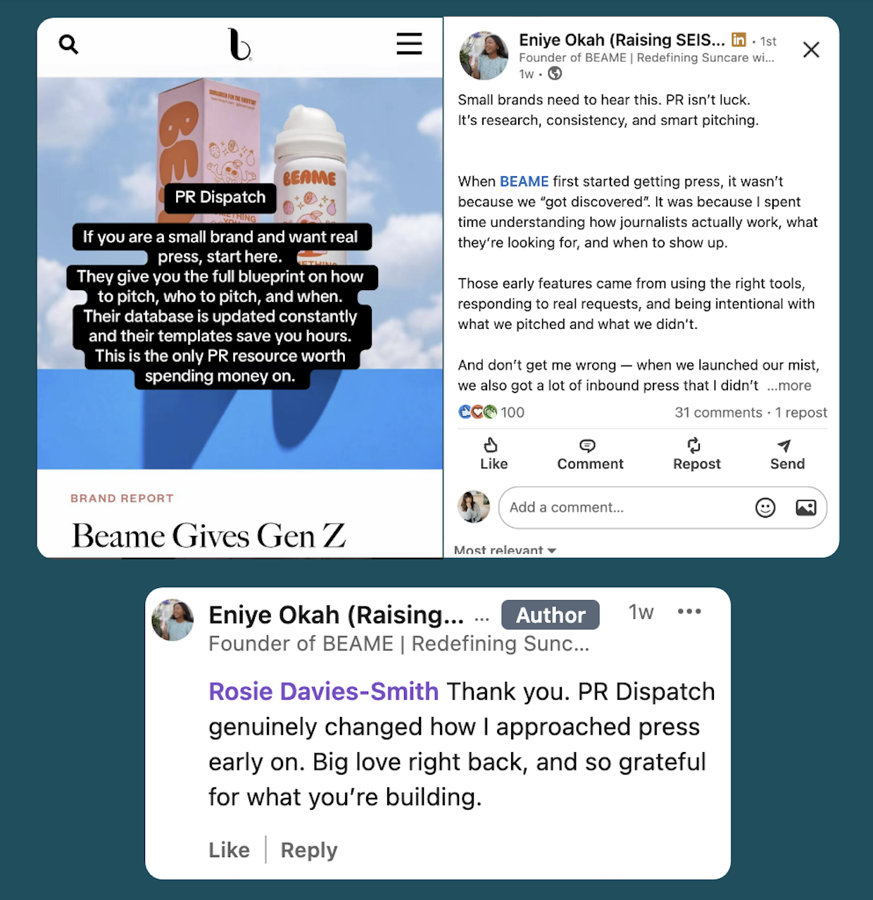 Beauty brand Beame shares press coverage via PR Dispatch's UK press database