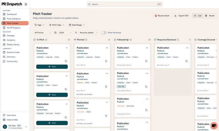 PR Dispatch pitch tracker
