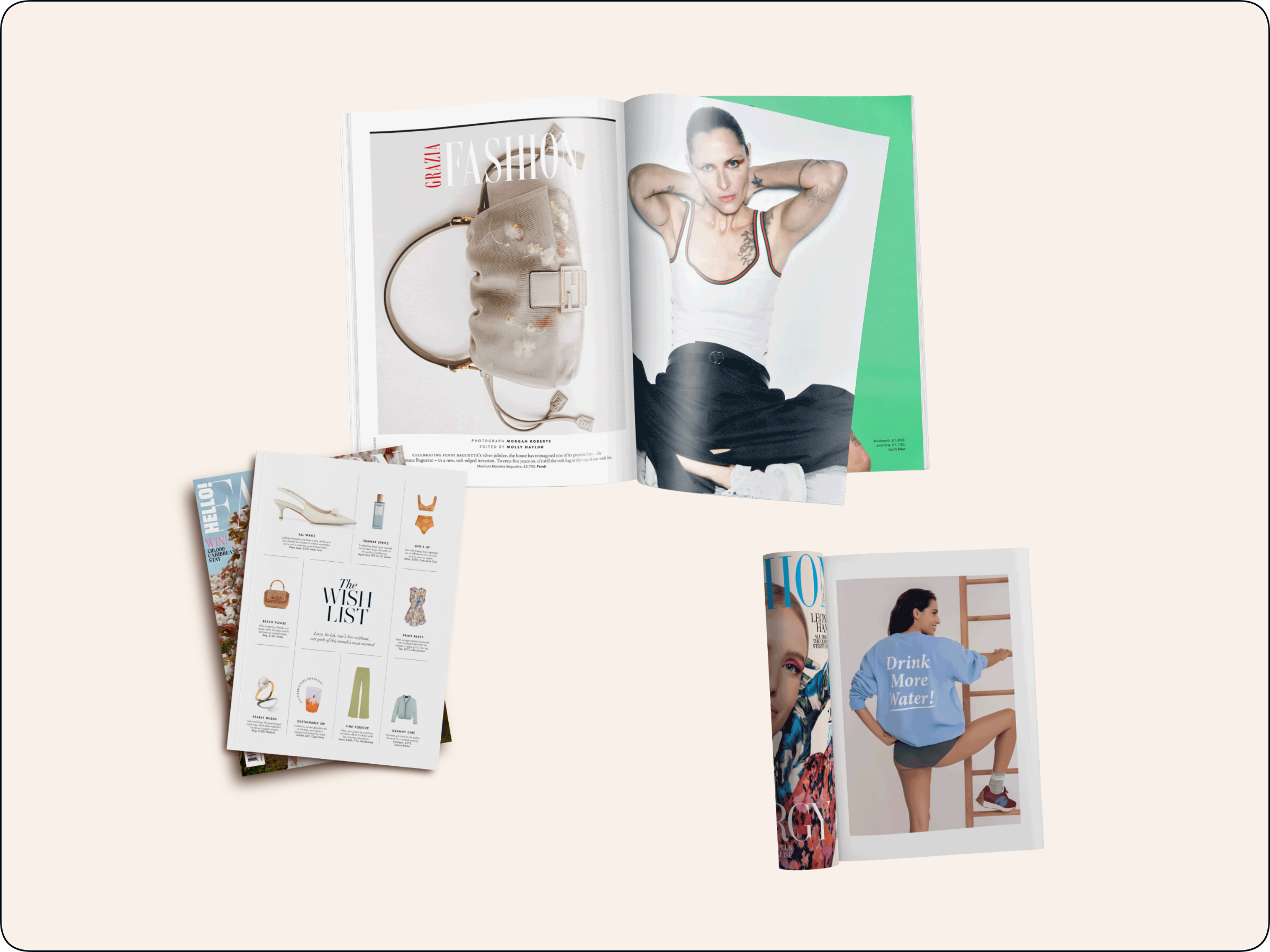 Montage of PR Dispatch member press coverage: a Grazia fashion spread, a Hello! Fashion Monthly wish list page and a Hello! Fashion product feature.