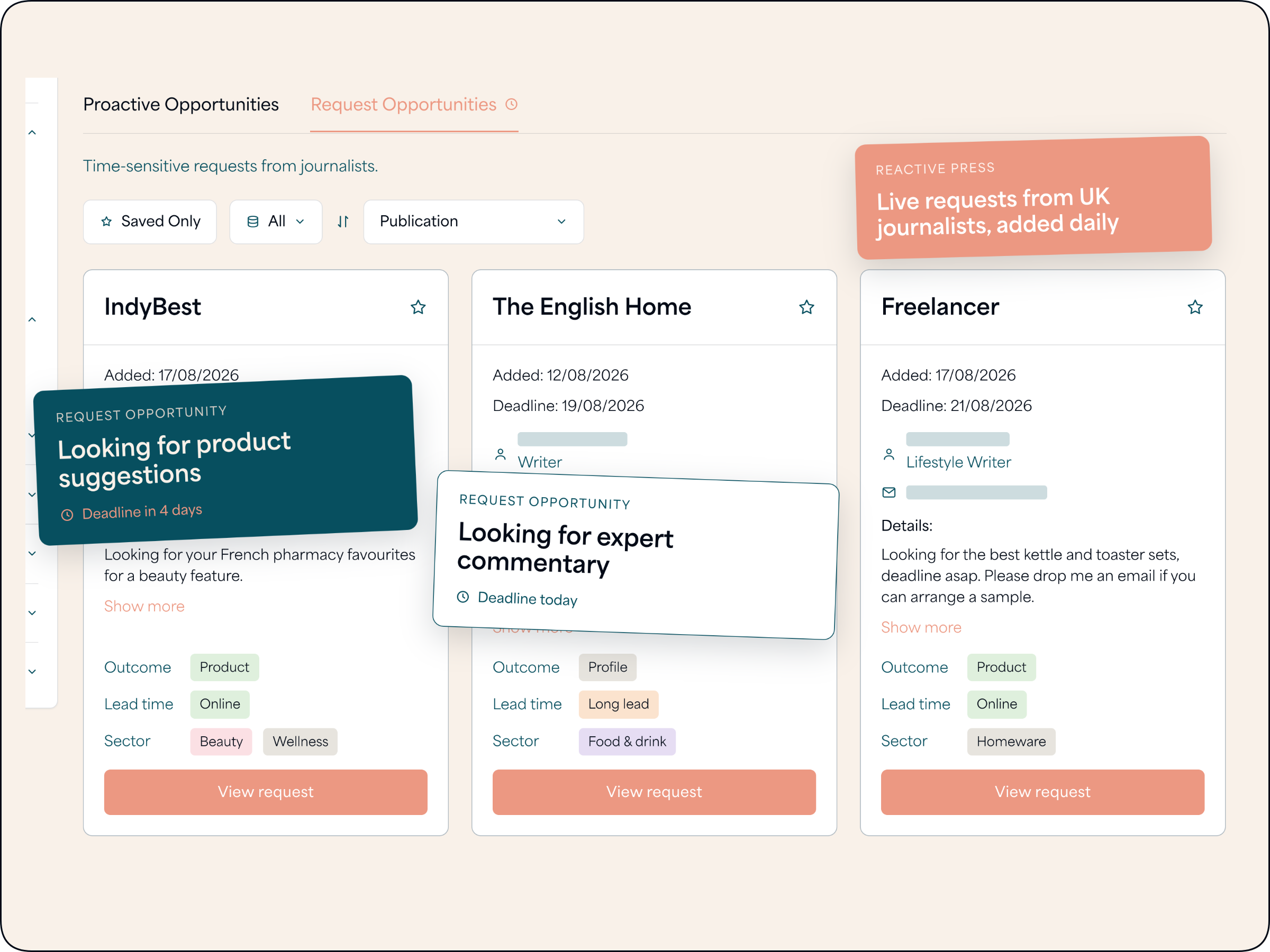 PR Dispatch press database showing live journalist request opportunities from IndyBest, The English Home and a freelance writer, with callouts reading "Looking for product suggestions" and "Looking for expert commentary".