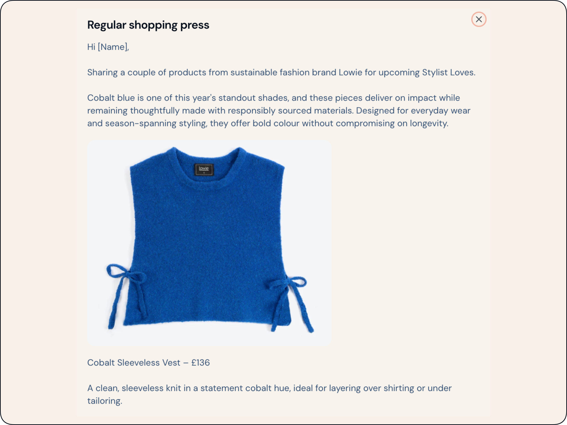 PR Dispatch pitch template for regular shopping press, featuring a cobalt blue Lowie sleeveless vest with product description and price.