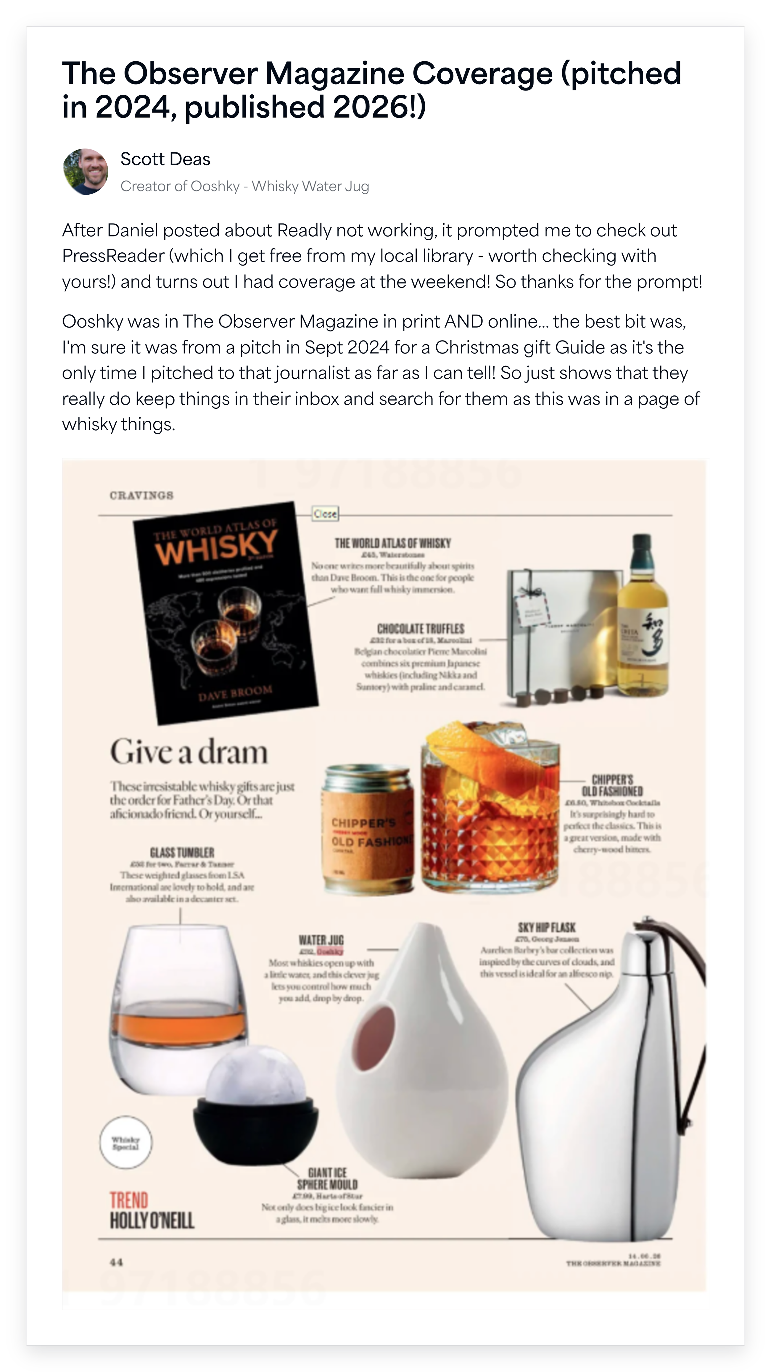 PR Dispatch member Scott Deas, creator of Ooshky whisky water jug, shares how a September 2024 pitch led to press coverage in The Observer Magazine gift guide in print and online, shown alongside the printed magazine page