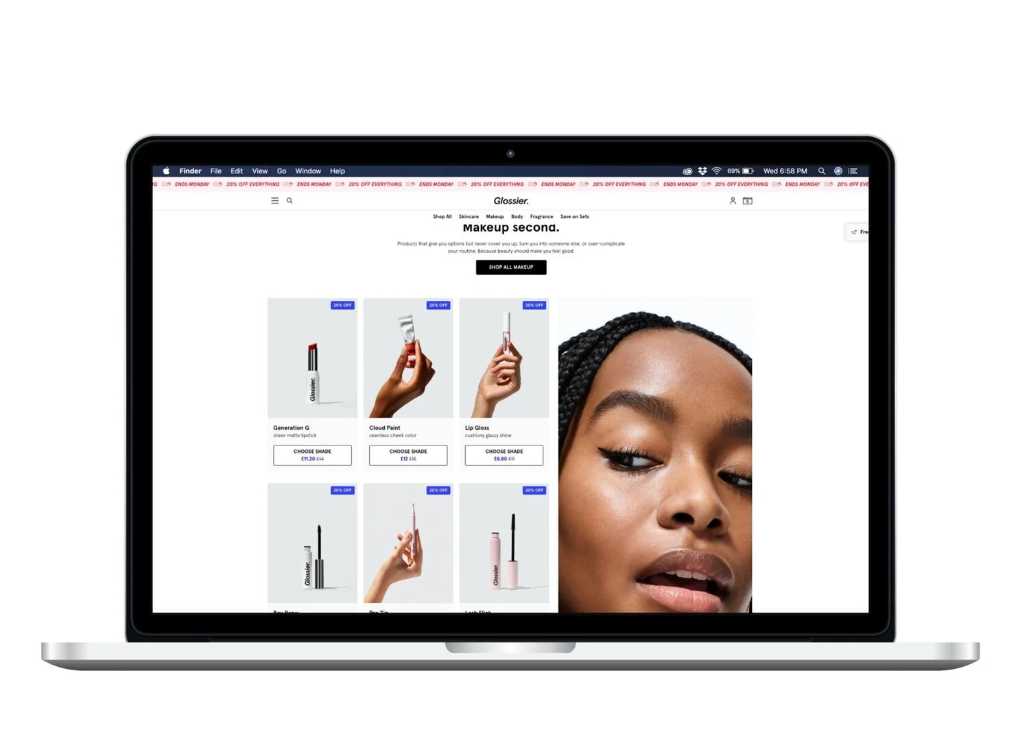 Laptop showing a make-up website