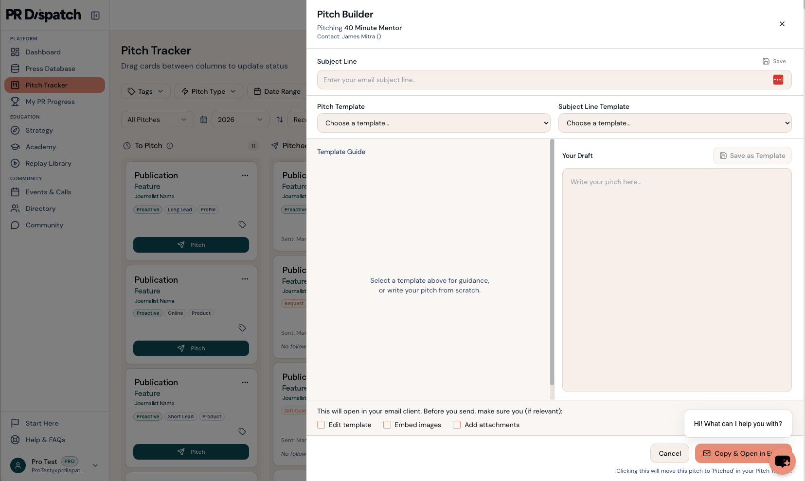 PR Dispatch pitch tracker and builder