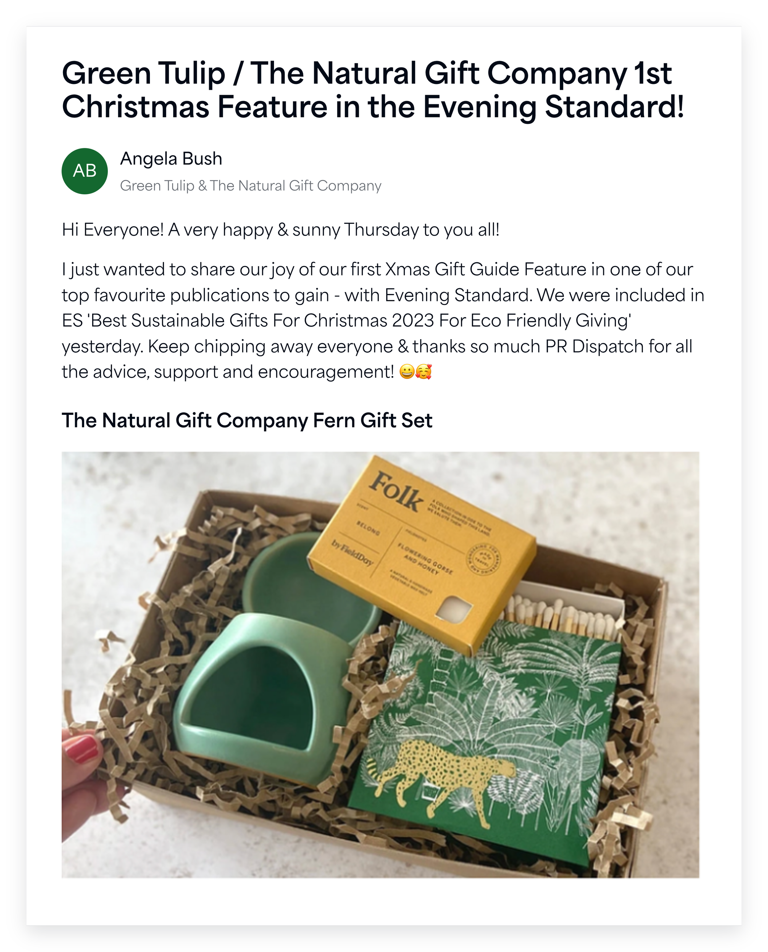 PR Dispatch member Angela Bush of Green Tulip and The Natural Gift Company celebrates her first Christmas gift guide feature in the Evening Standard's best sustainable gifts round-up, shown with the Fern Gift Set.